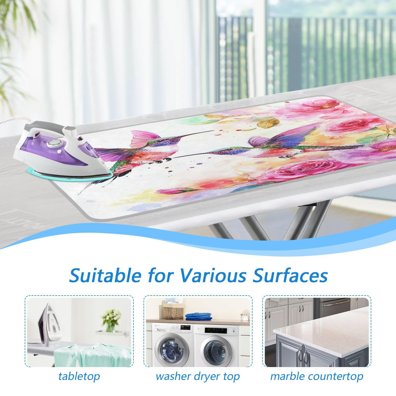 Watercolor Rose Pink Spring Hummingbird White Ironing Mat for Table top Portable Ironing Pad Blanket for Washer Dryer Countertop Travel