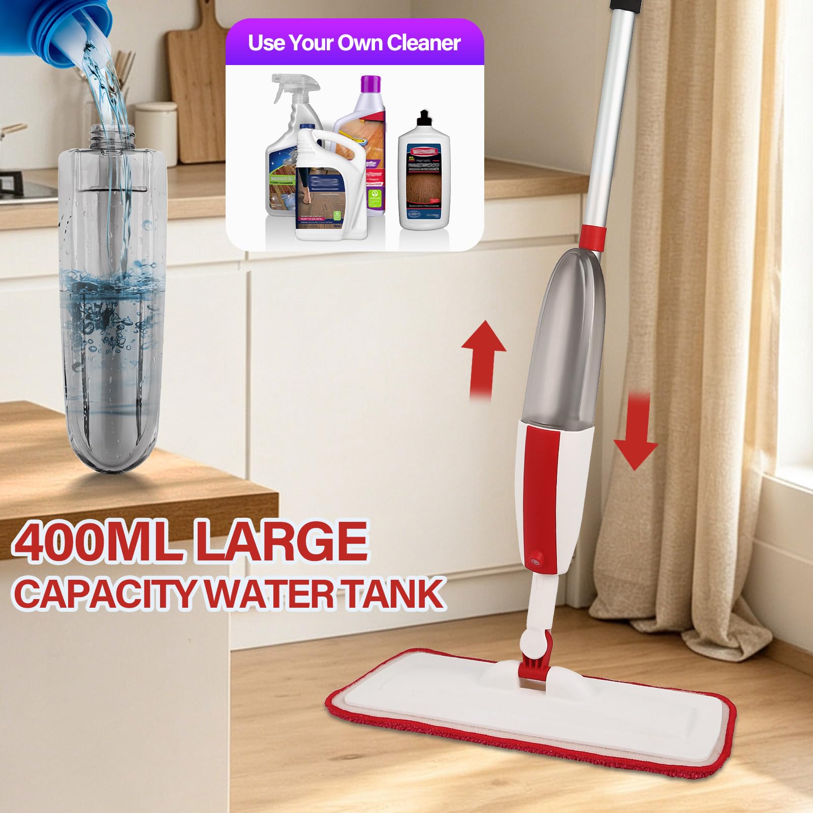 Wet Spray Mop for Floor Cleaning with 14 oz Bottle & 2 Microfiber Pads