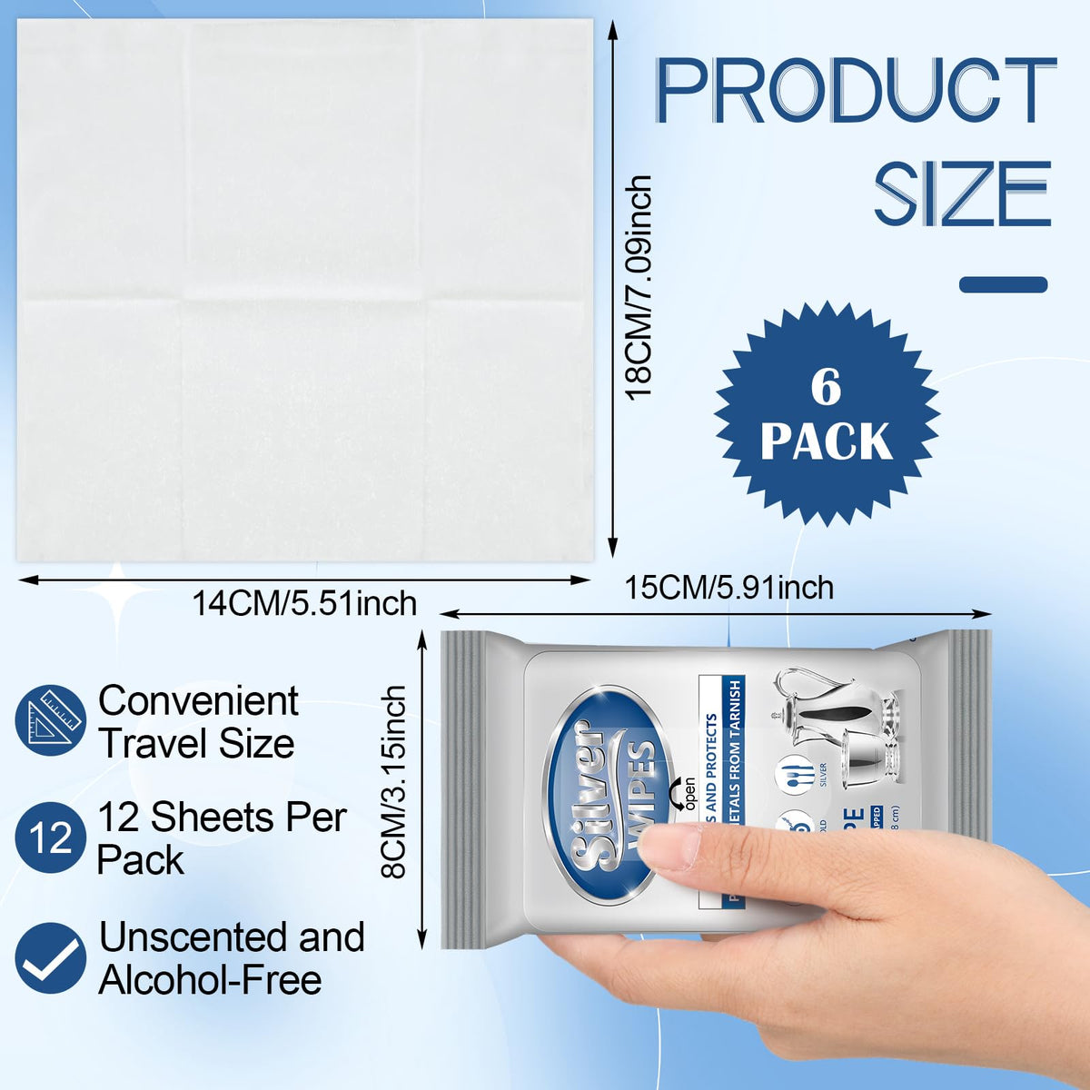 6 Pack 72 Pcs Silver Cleaner Wipes Silver Polish Jewelry Cleaner Cleaning Jewelry Wipes for Silverware Stainless Steel Brass Metal Tarnish Remover (6 Count)