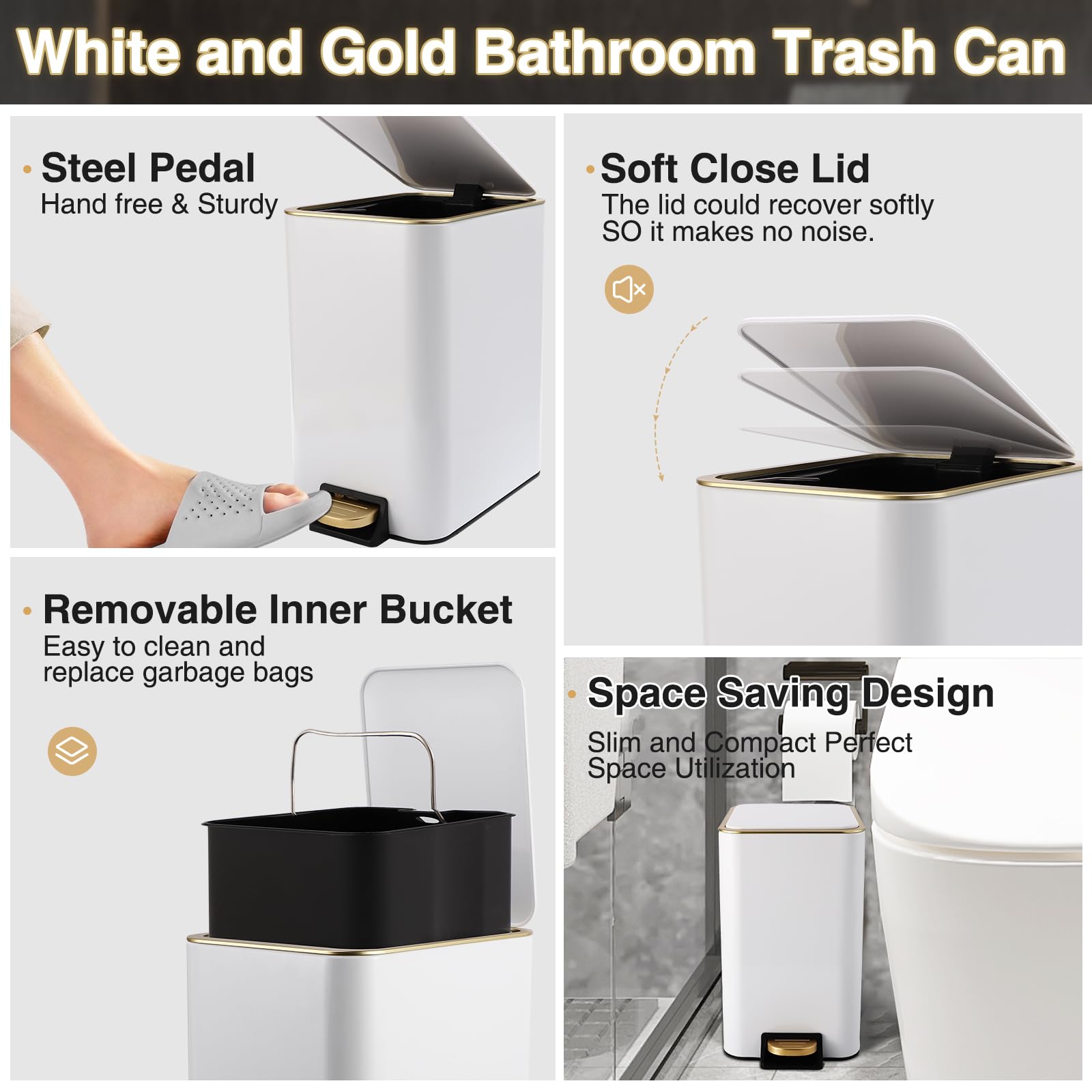 Small Bathroom Trash Can with Lid Soft Close (80 Count)