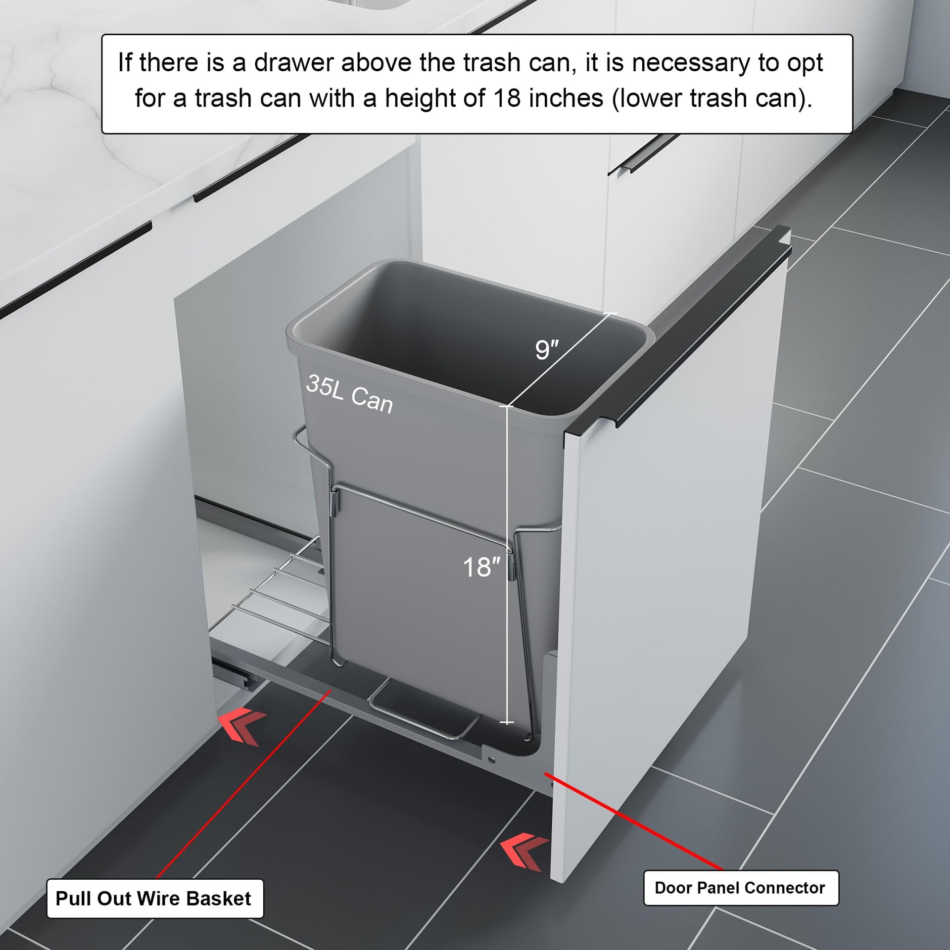 Dowell B15 Aluminum Base Wastebasket Pullout with Door Mount and 35Qt