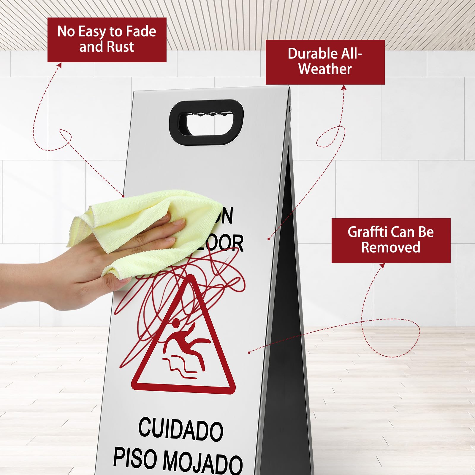 2 Pcs 24 Inch Stainless Steel Wet Floor Sign (2 Count)