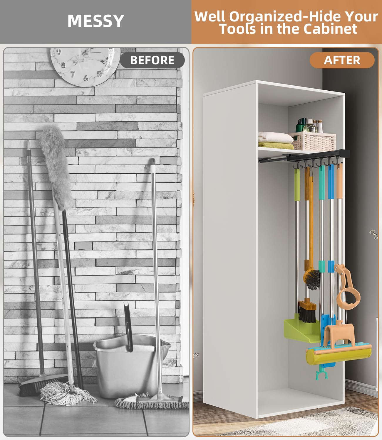 Pull Out Broom Holder With Adjustable Double Row Sliding Hook