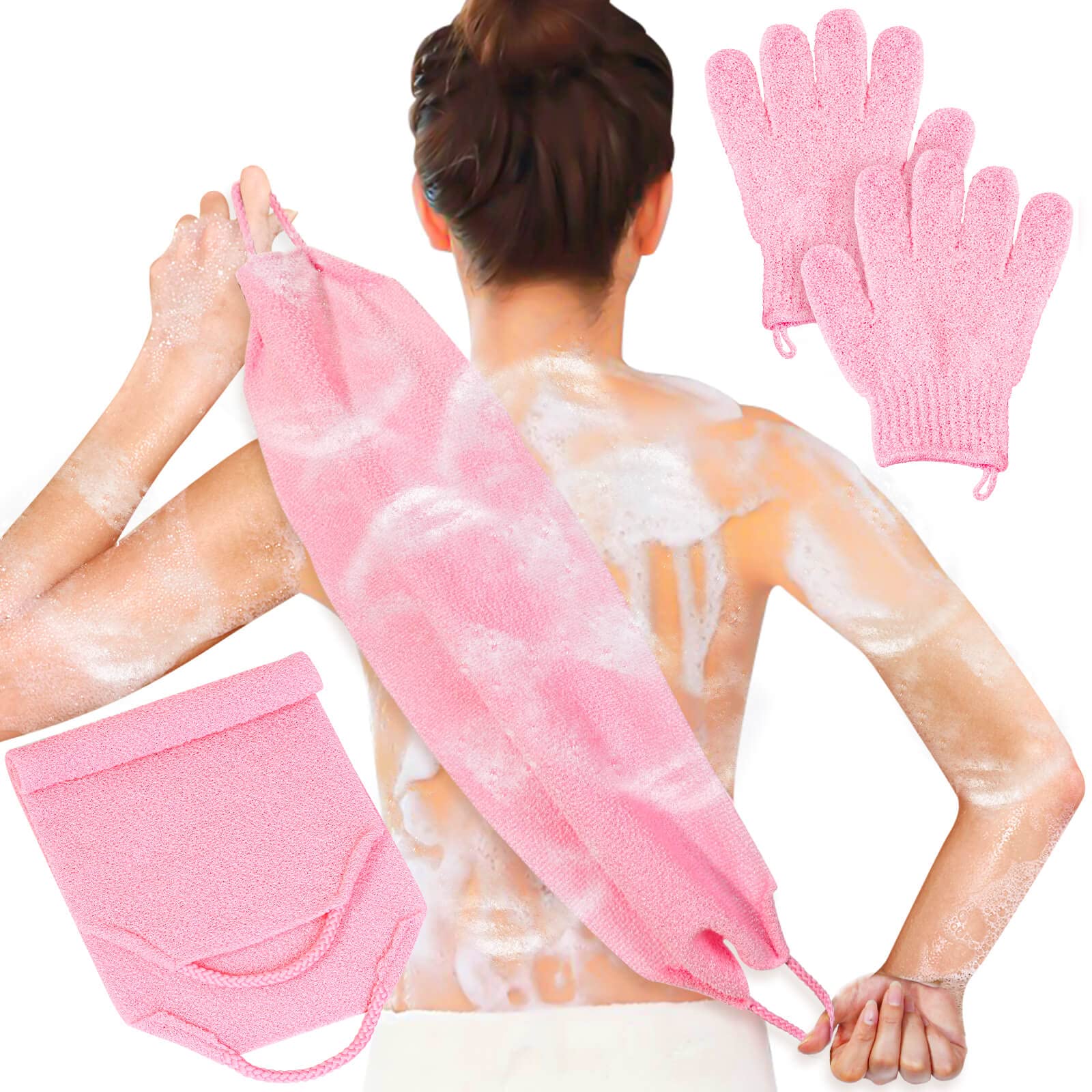 Exfoliating Shower Bath Gloves Back Scrubber Set for Body (3 Count)