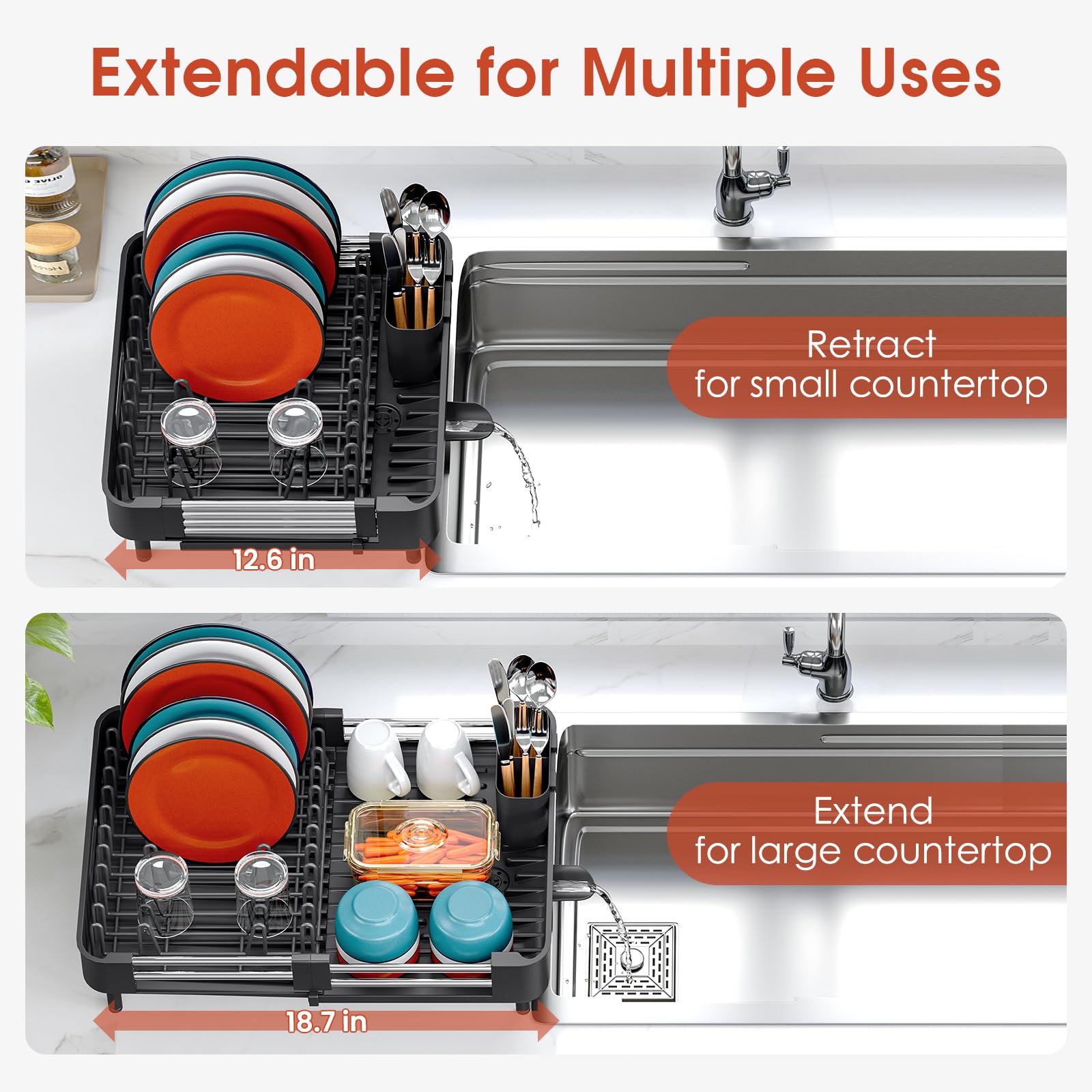 Expandable Dish Drying Rack with Cutlery Holder