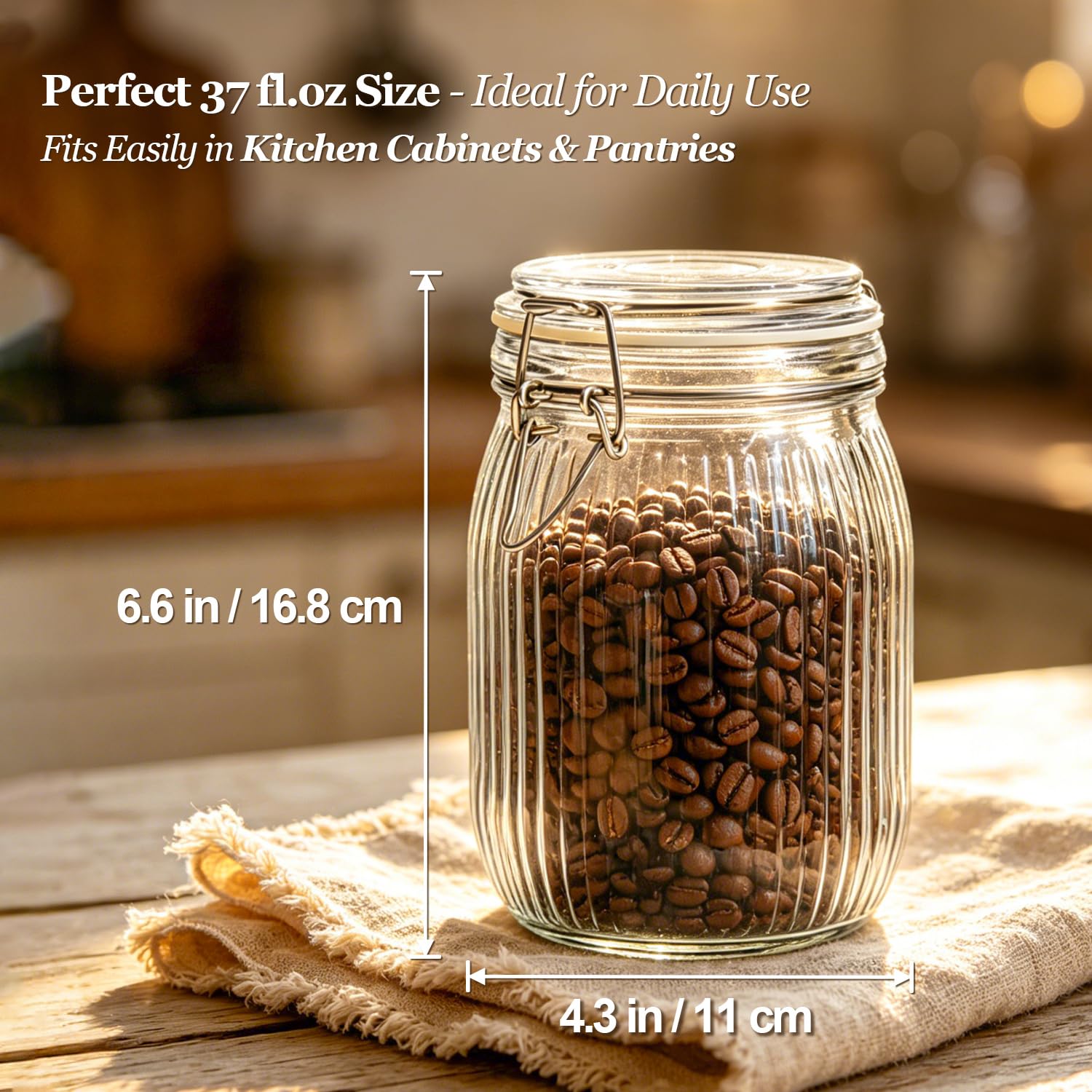 Ribbed Glass Pantry Jars with Airtight Lids 34 oz 3 Pack Coffee (3 Count)