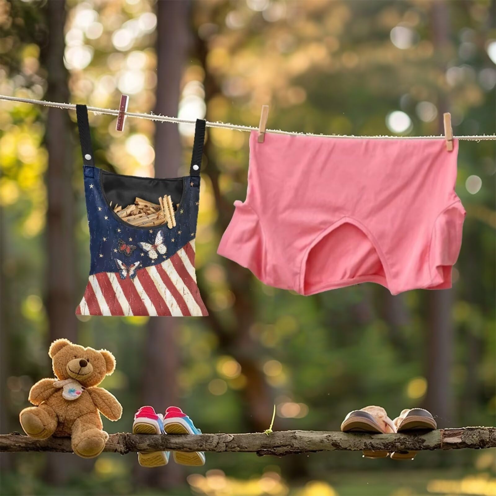 American Flag Clothespin Bag Butterfly Clothespin Bag for Clothesline Outdoor Clothespins Storage with Hanger Hook Clothespin Bags Hanging Outdoor Waterproof Clothespin Storage
