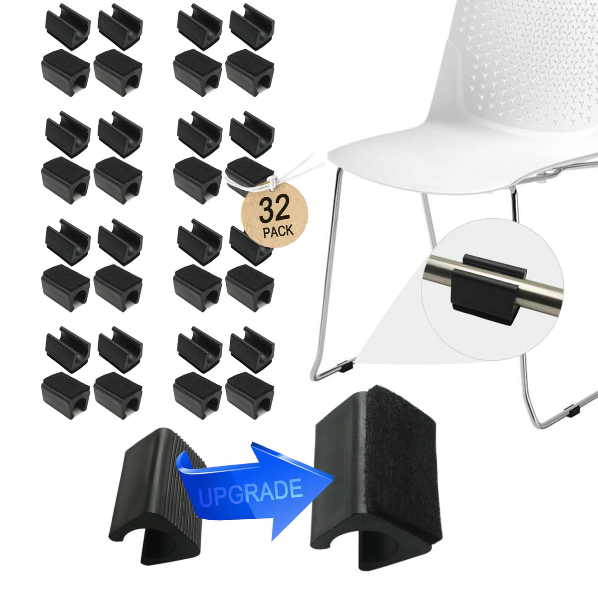 Rectangle U Shaped Sled Chair Leg Tips Cap with Felt Pads (32 Count)