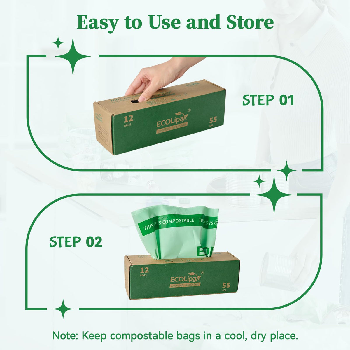 55 Gallon 12 Count Large Compostable Trash Garbage Bags for Lawn