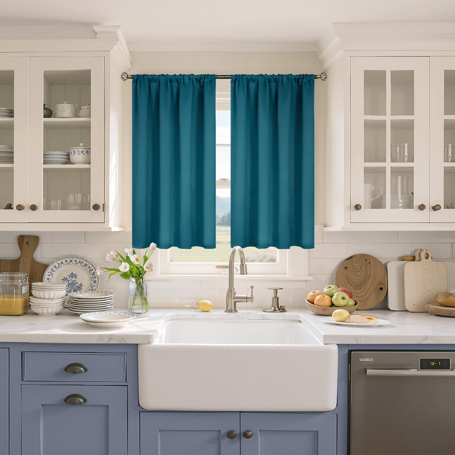 Teal Blue Blackout Curtains 40 Inch Long for Kitchen Bedroom Window (2 Count)