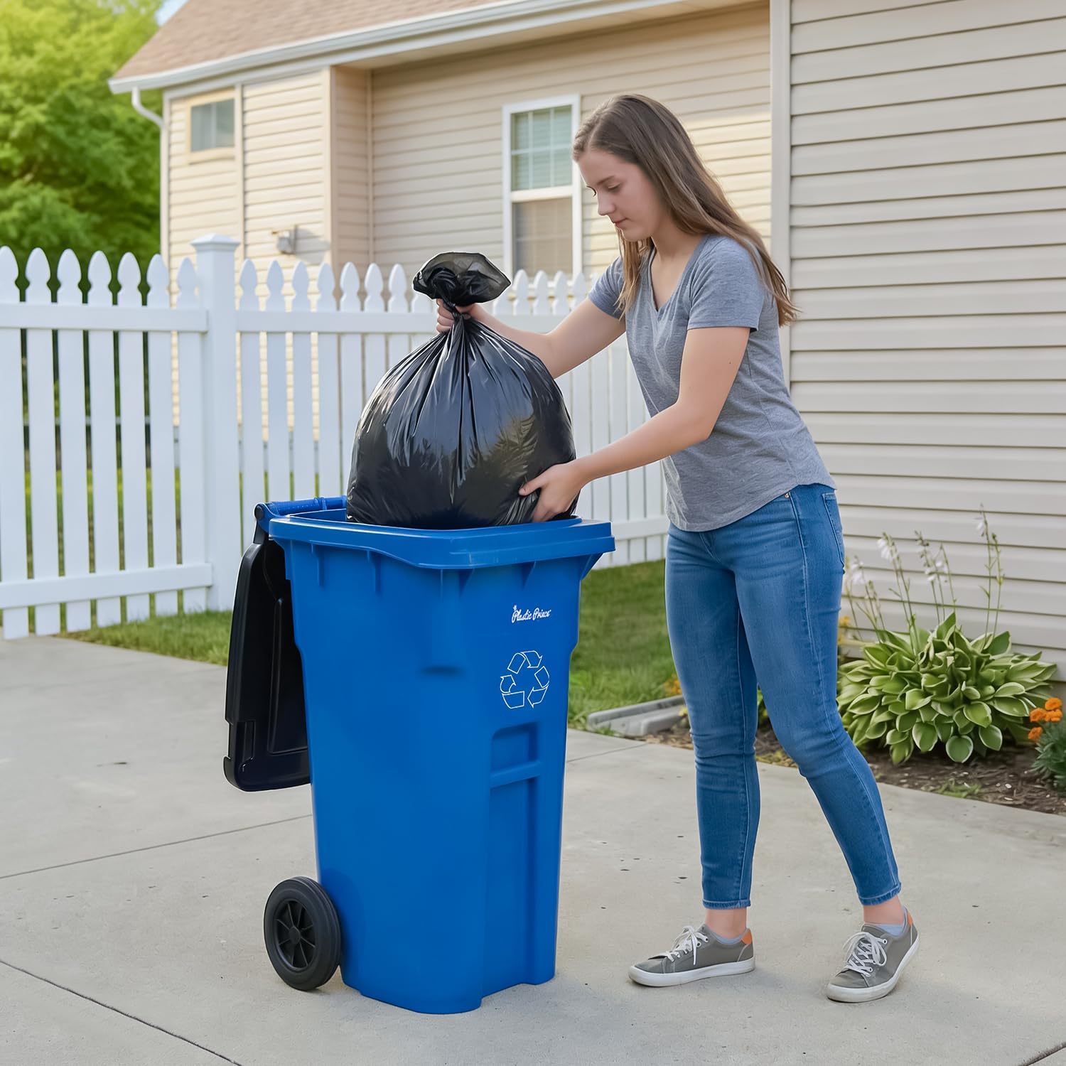 32 Gallon Trash Can Outdoor Recycling Bin with Lid and Wheels Heavy Duty Rolling Garbage Can with Lid Blue Recycle Bin with Wheels for Warehouses Hospitals Restaurants (2 Count)