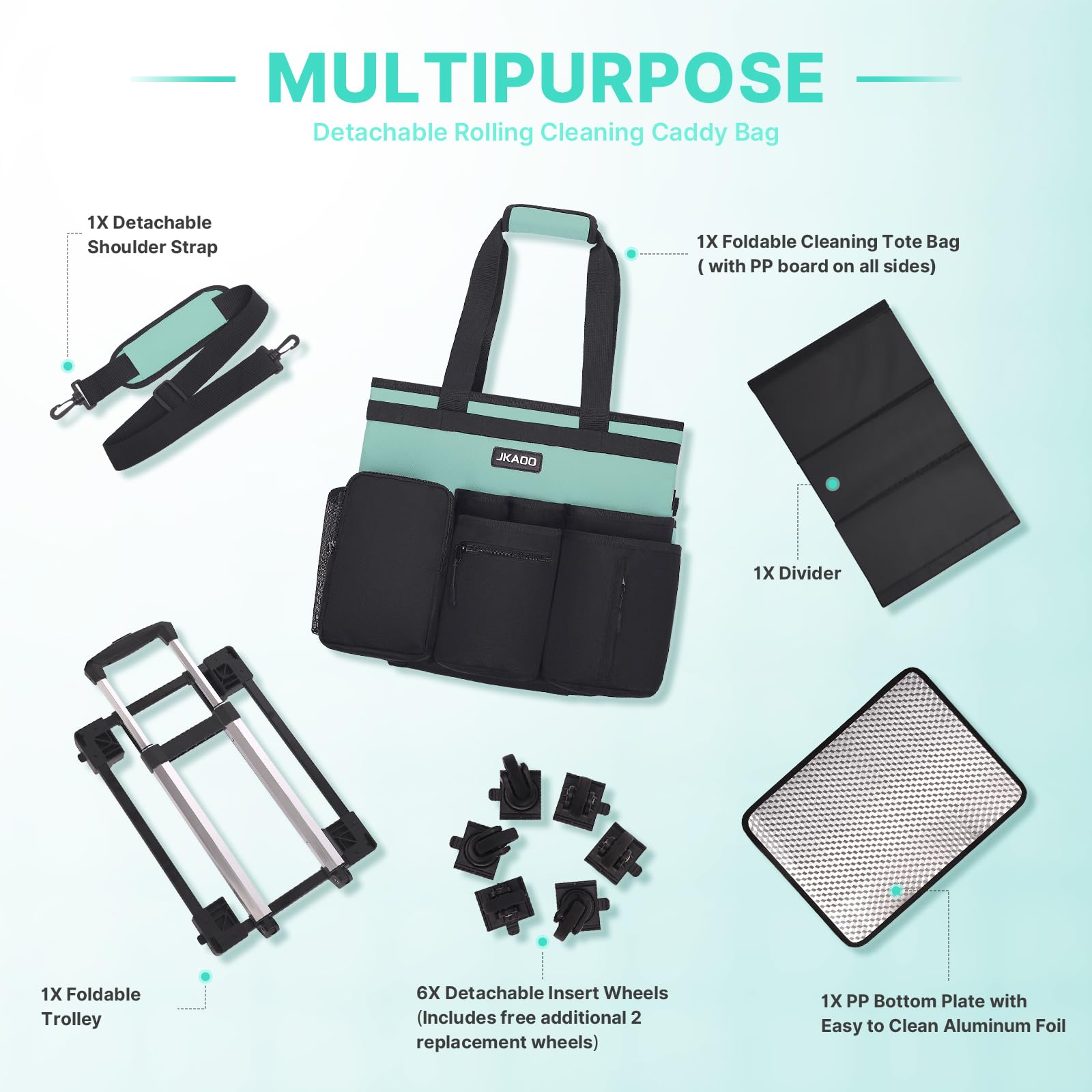 Large Rolling Cleaning Caddy Bag with Detachable Trolley
