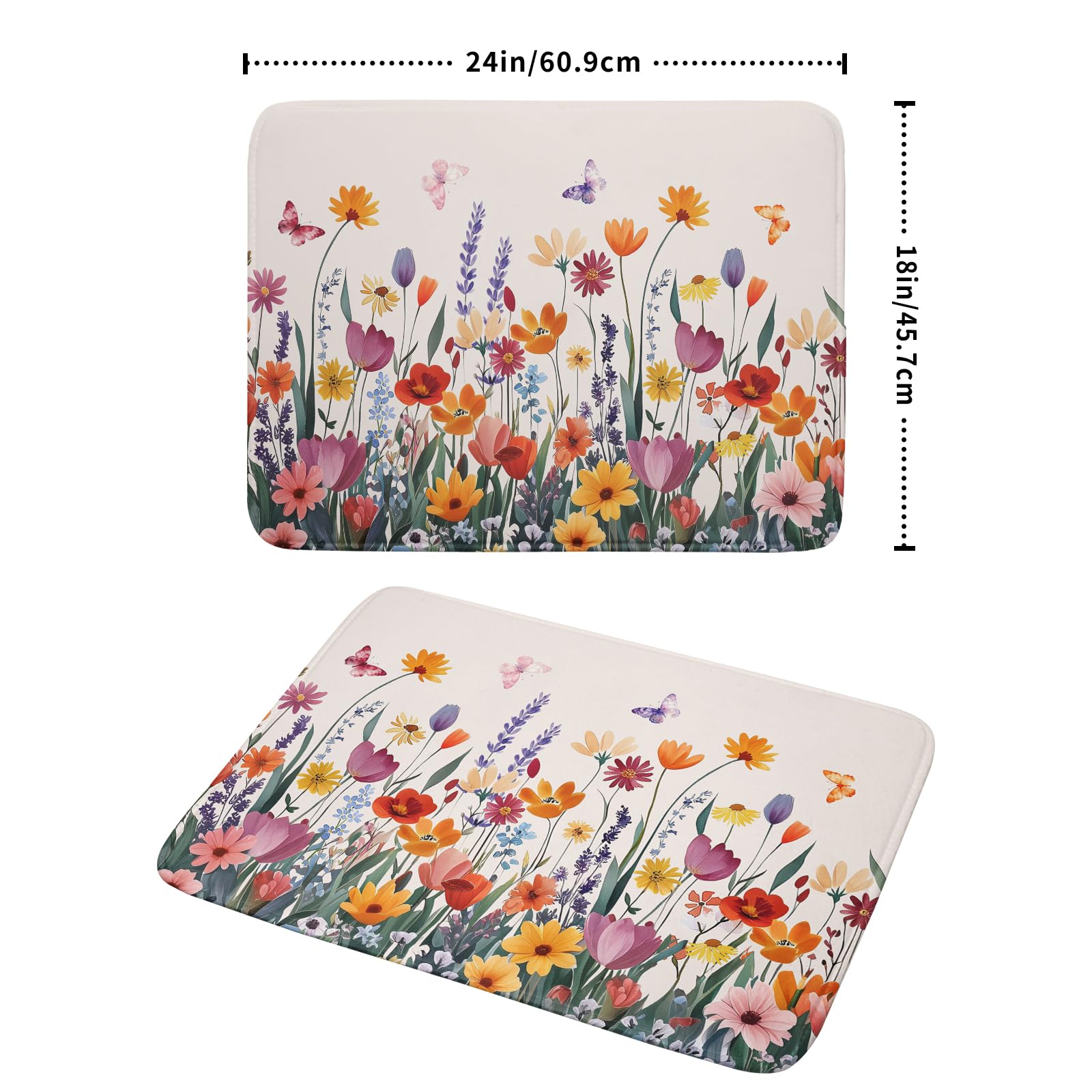Spring Summer Flowers Dish Drying Mat for Kitchen Counter 18"x24" Colorful Floral Drying Mat Soft Absorbent Microfiber Farmhouse Fluttering Butterfly Dish Drainer Rack Mats for Counter tops