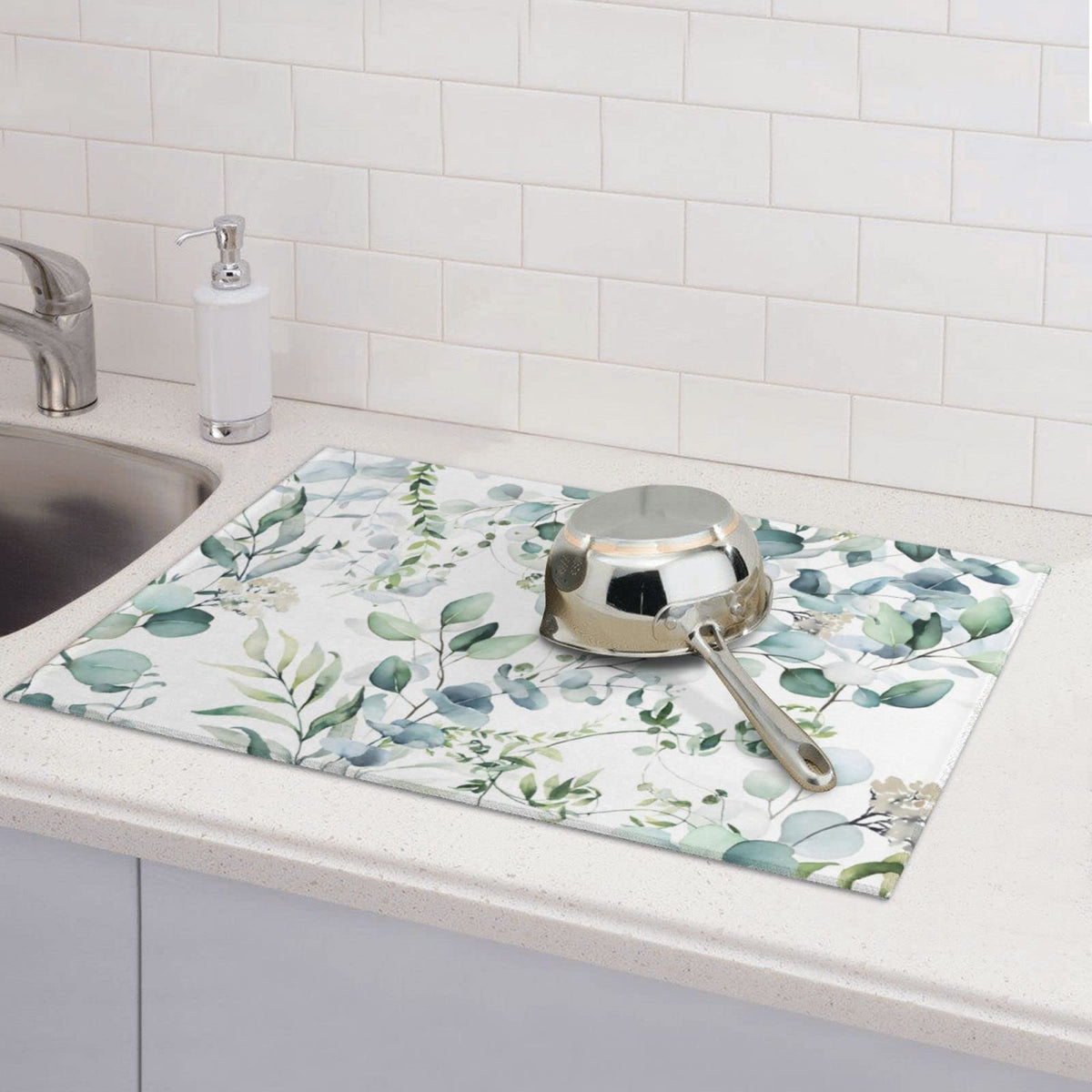 Green Floral Leaf Dish Drying Mat For Kitchen Counter 18 X 24 Inch Absorbent Reversible Drainer