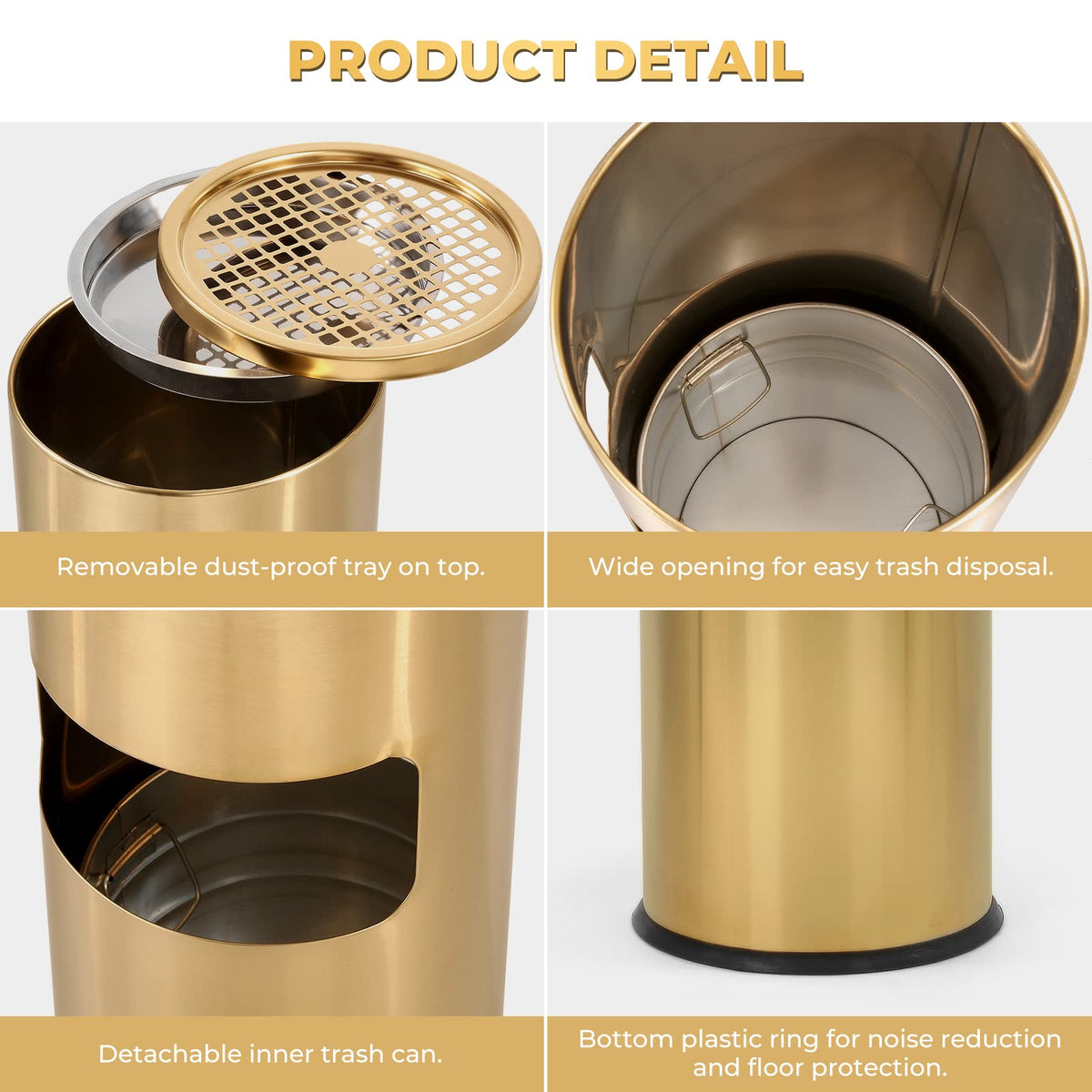 Trash Can Outdoor Waste Container Round Stainless Steel Trash Can with Removable Inner Bucket for Disposal Commercial Waste Container 9.8 x 24