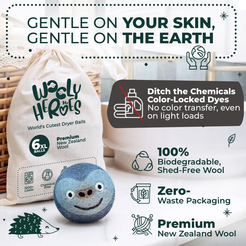 Chemical Free & Baby Safe! Reusable Wool Dryer Balls XL 6 (6 Count)