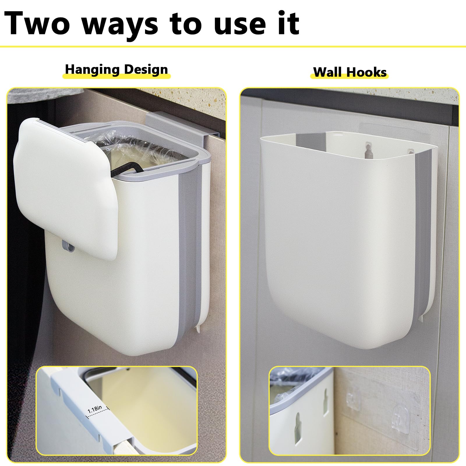 3.2 Gallon Foldable Hanging Trash Can with Lid for Cabinet Door