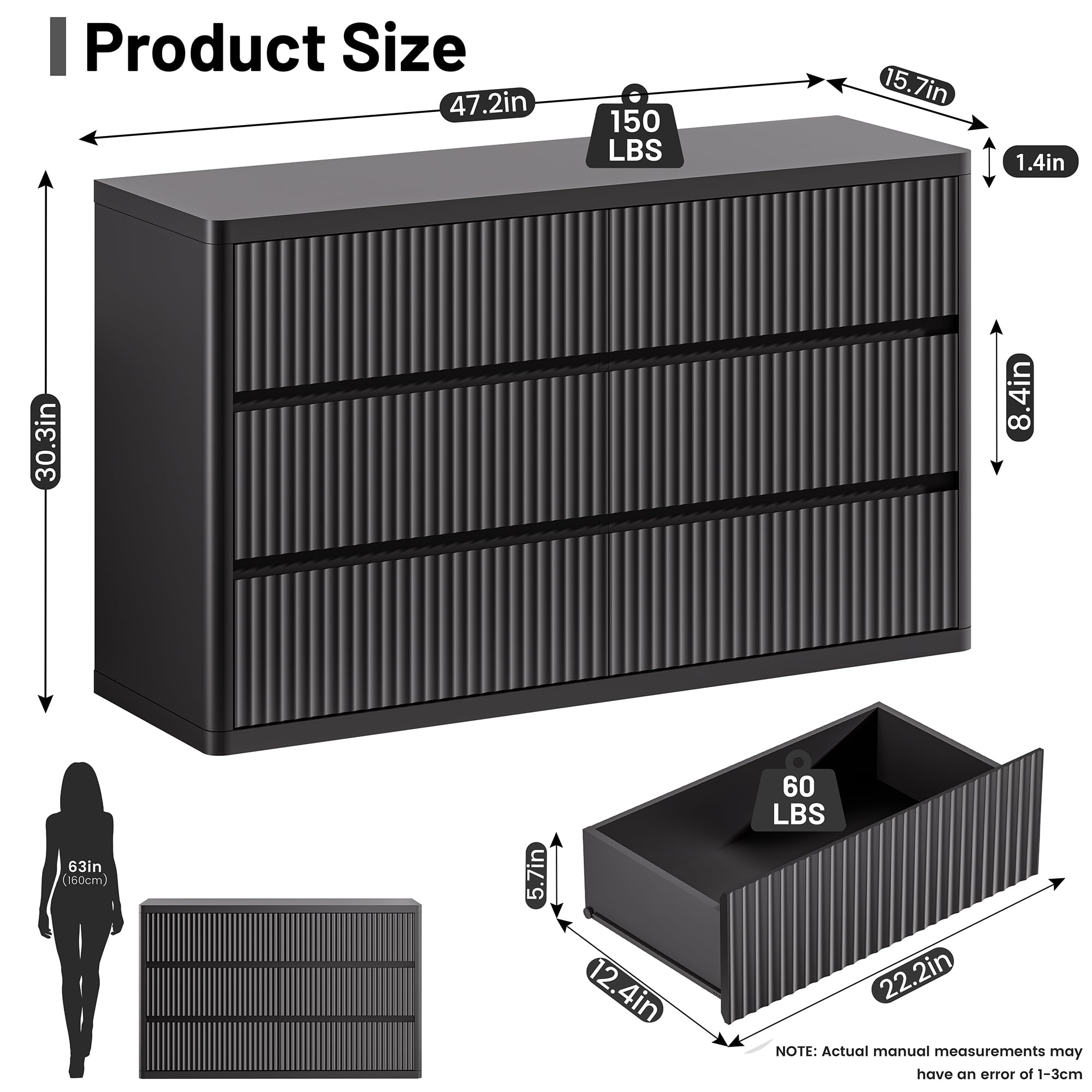Black 6 Drawers Double Dresser