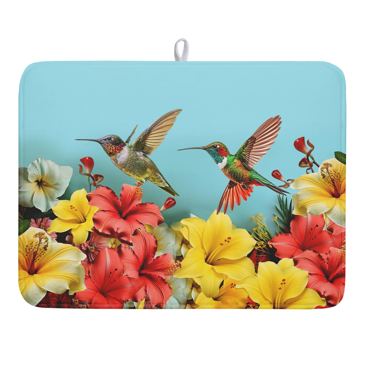 Hummingbirds Floral Dish Drying Mat for Kitchen Counter 18x24 In Hibiscus Tropical Drying Mat Farmhouse Fast Dry Absorbent Microfiber Dish Drainer Rack Pad Mat for Countertop Decor