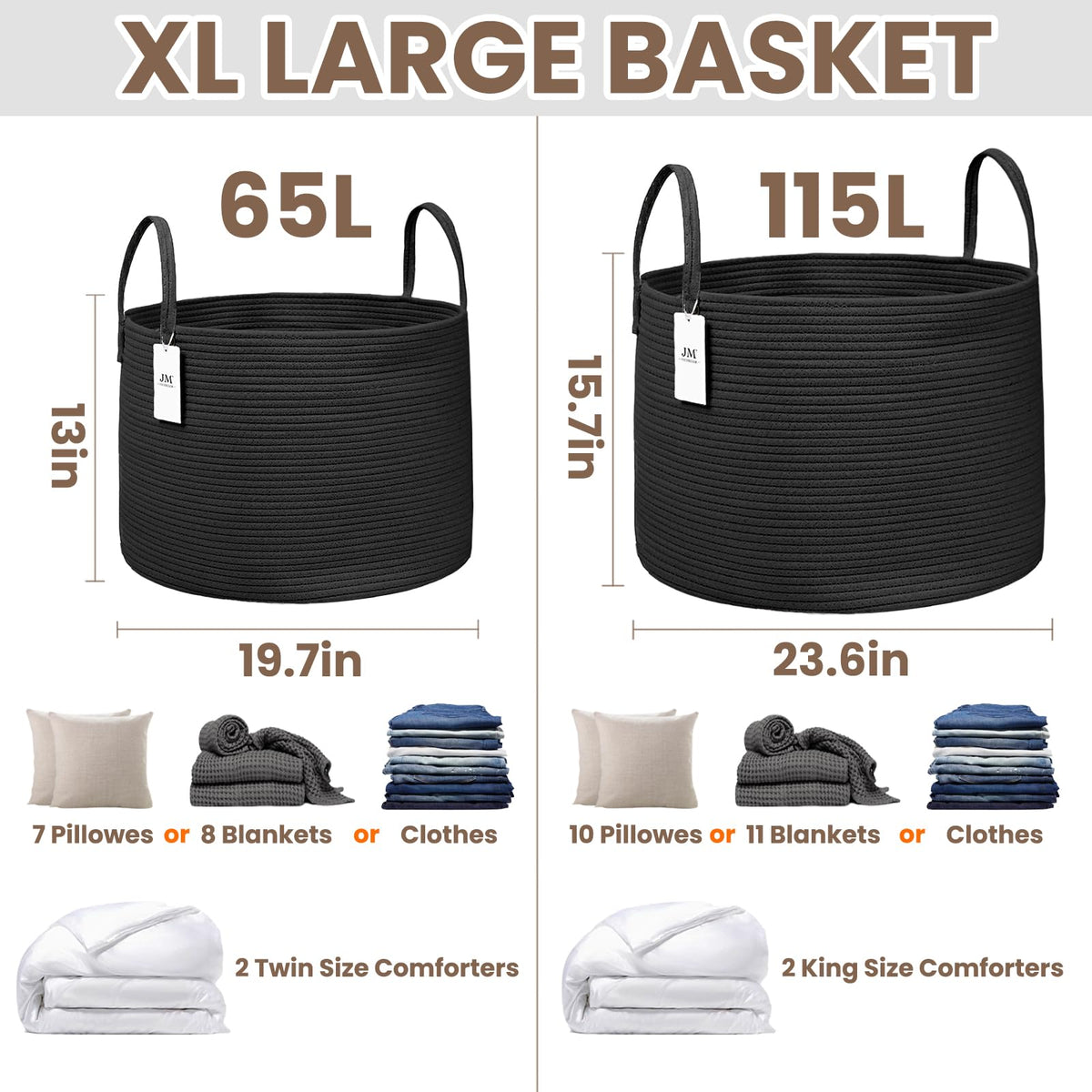 115L Extra Large Machine Washable Cotton Rope Blanket Basket