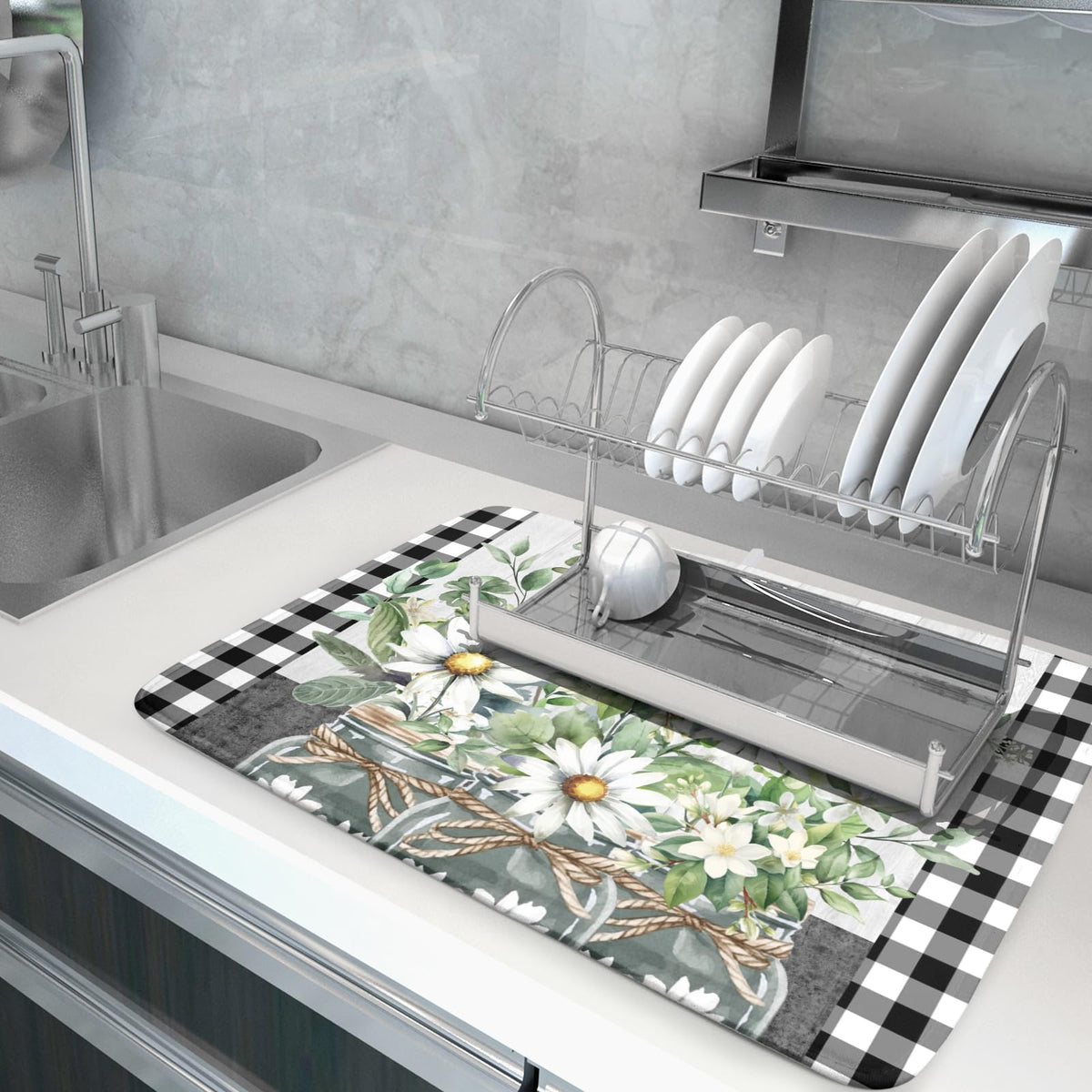 Daisy Floral Dish Drying Mat for Kitchen Counter Watercolor Flowers Absorbent Dishes Drainer Rack Mat 18x24 Inch Microfiber Dish Drying Pads Spring Kitchen Drying Dishes Pad Countertops