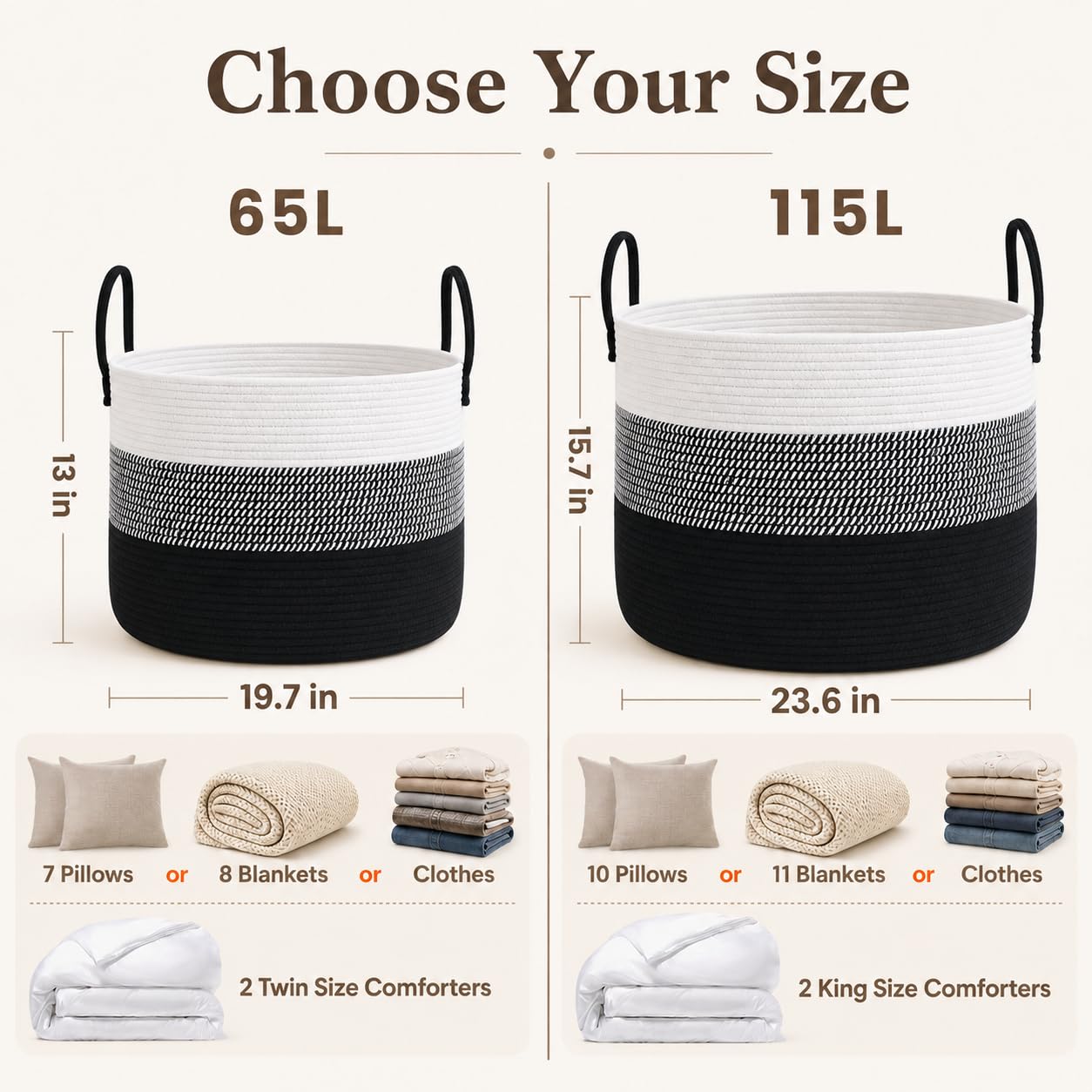 65L Extra Large Machine Washable Cotton Rope Blanket Basket