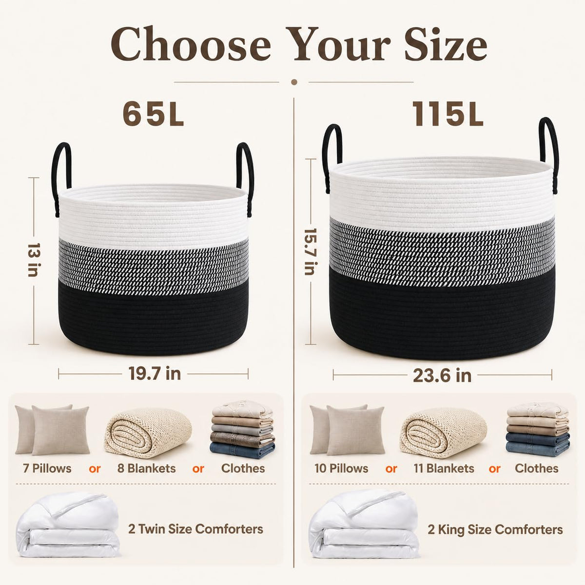115L Extra Large Machine Washable Cotton Rope Blanket Basket