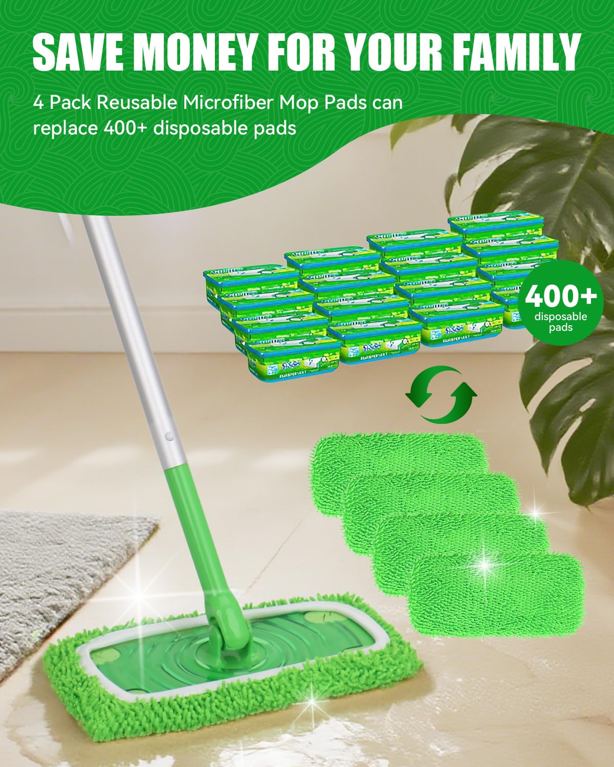 Reusable Microfiber Mop Pads Compatible with Swiffer Sweeper Mop (4 Count)