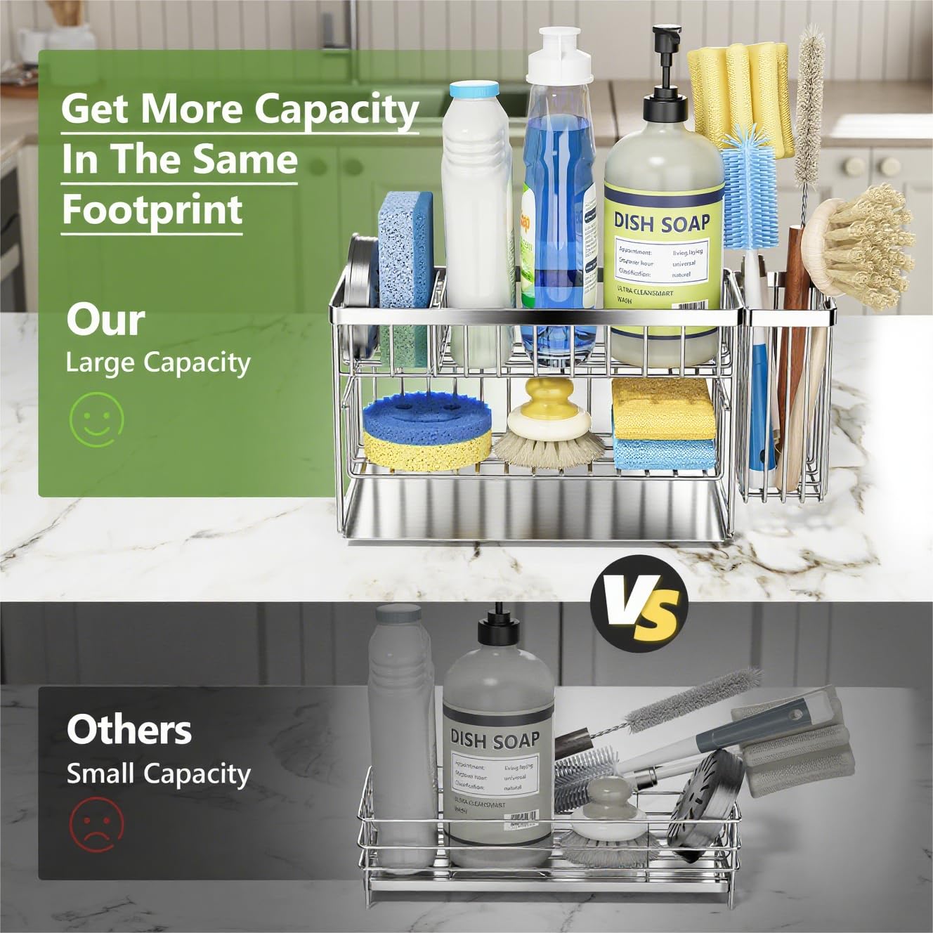 Silver 2 Tier Kitchen Sink Caddy Organzier Rack with Flexible Dish Brush Holder