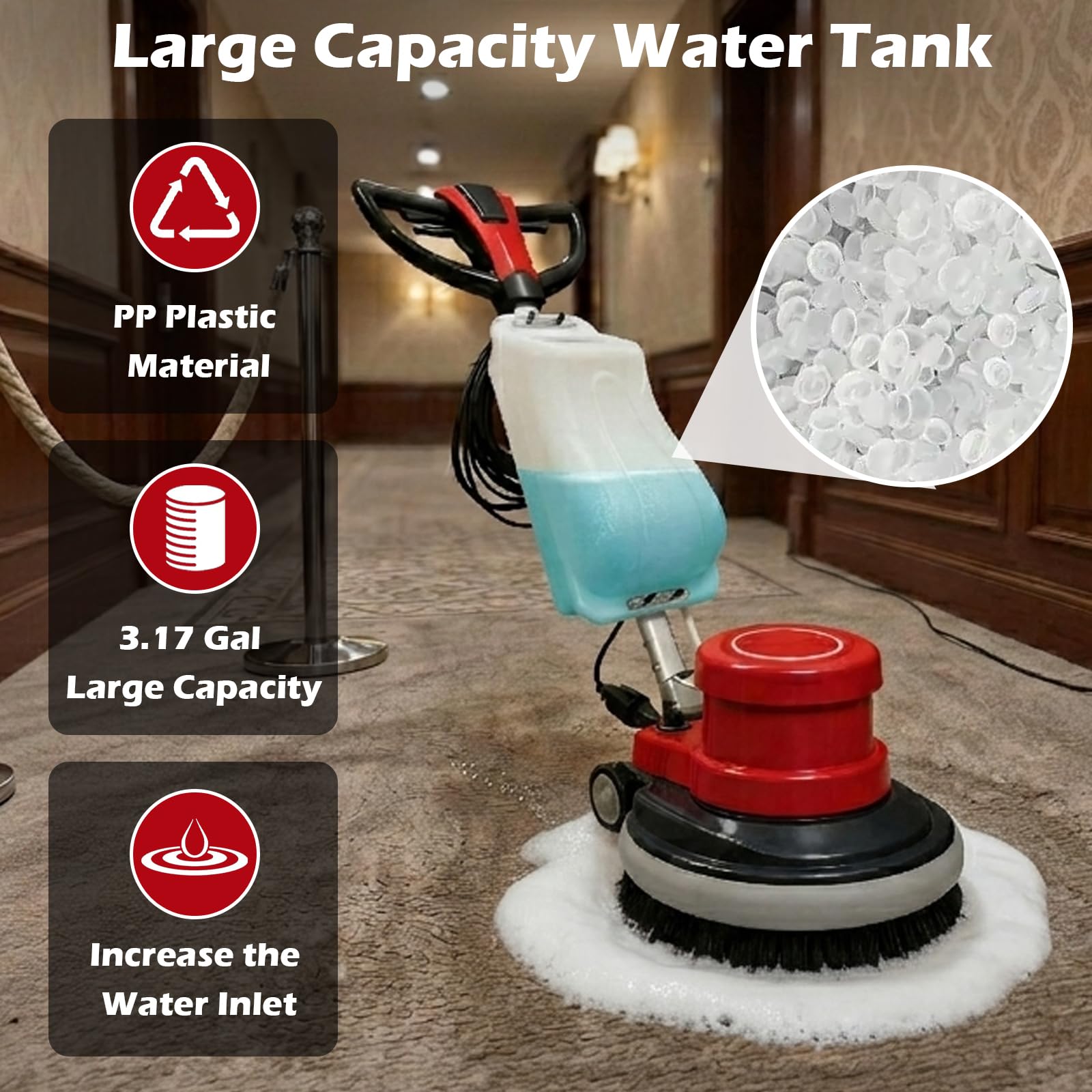 Floor Polisher & Buffer Commercial Floor Buffer Scrubber 17" Carpet Cleaning Machine 154RPM Industrial Orbiter Floor Cleaning with 3gal Tank and 3 Brush heads