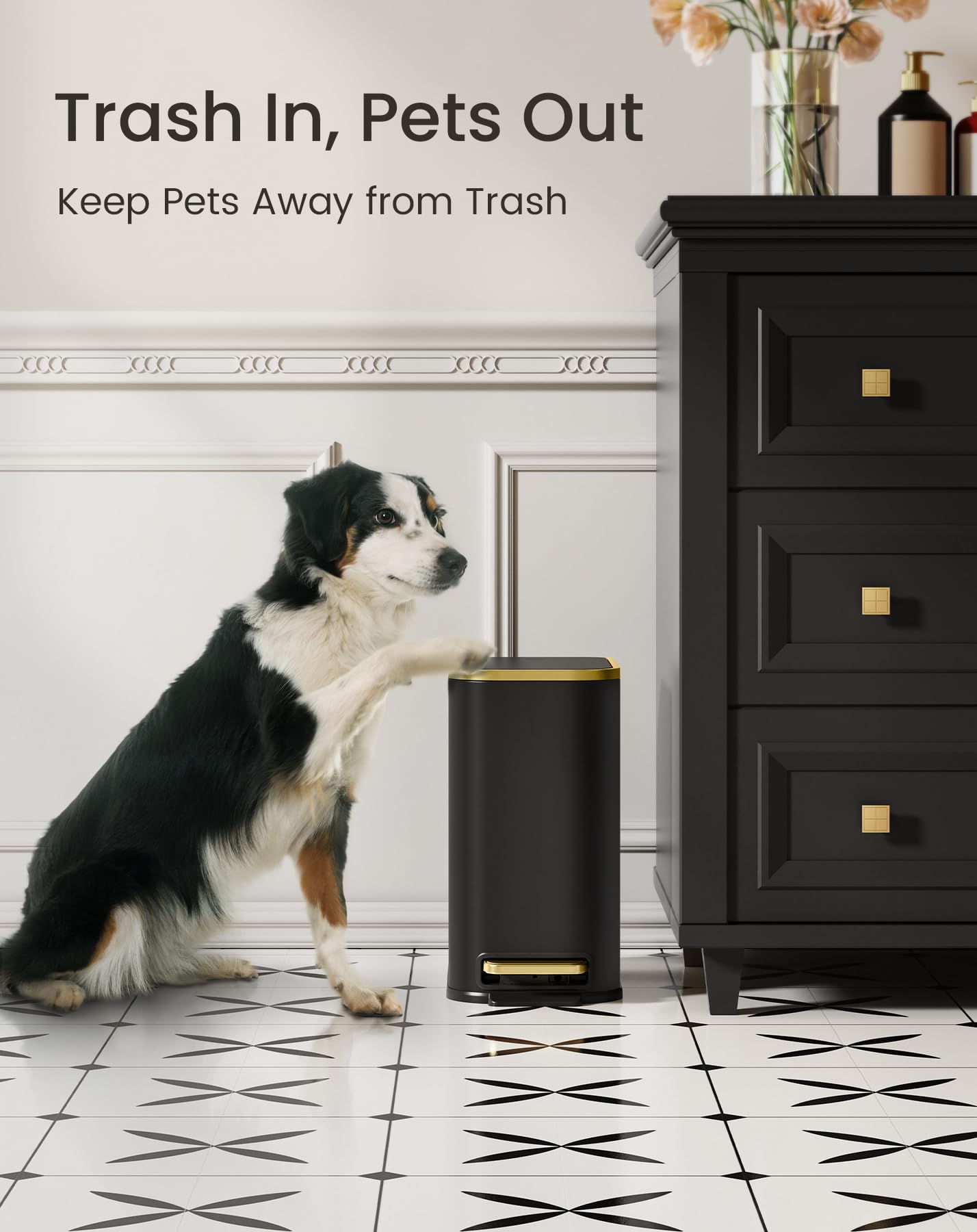 Small Bathroom Trash Can with Gold Grimmed Lid & Pedal