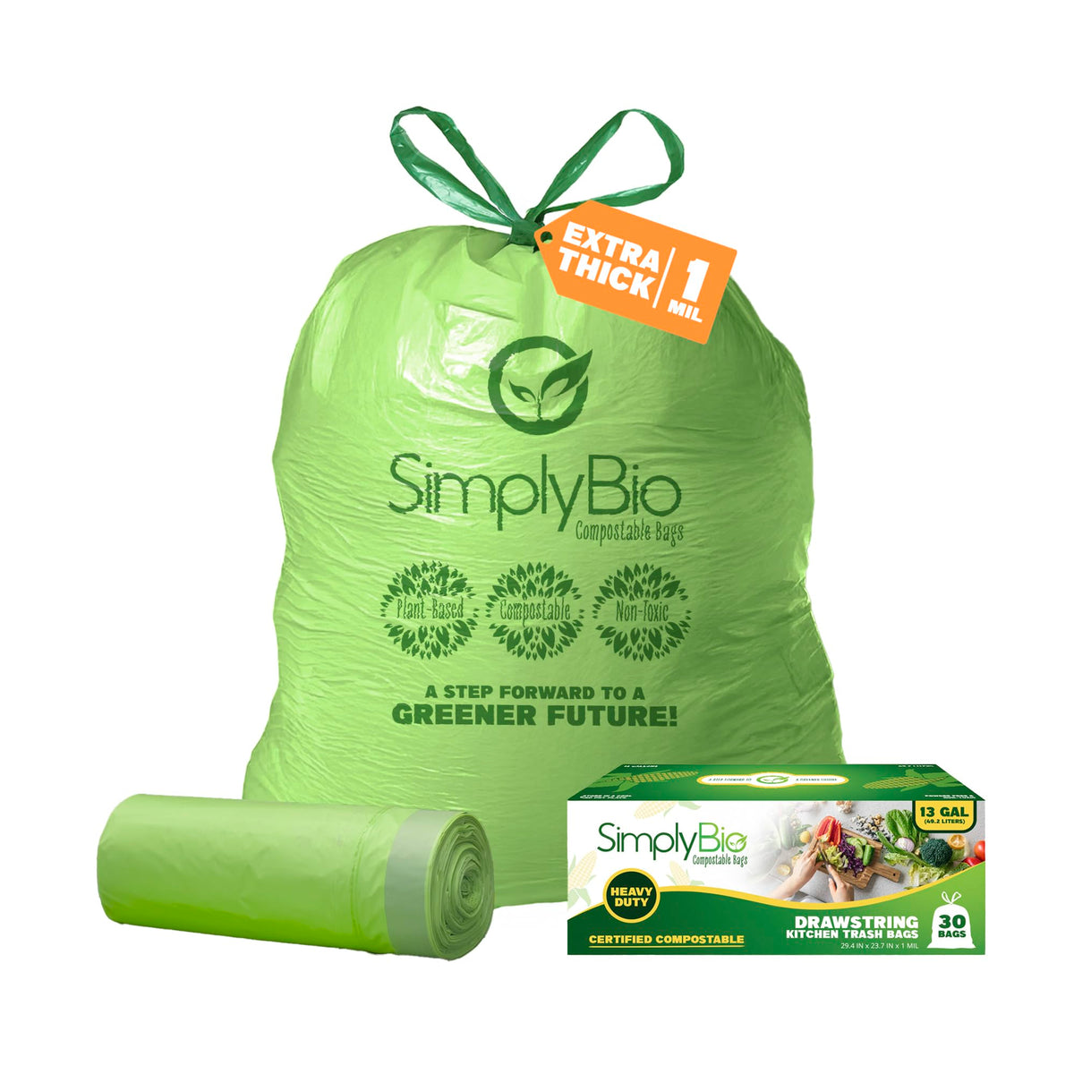 13 Gallon Compostable Trash Bags Liners Drawstring (30 Count)