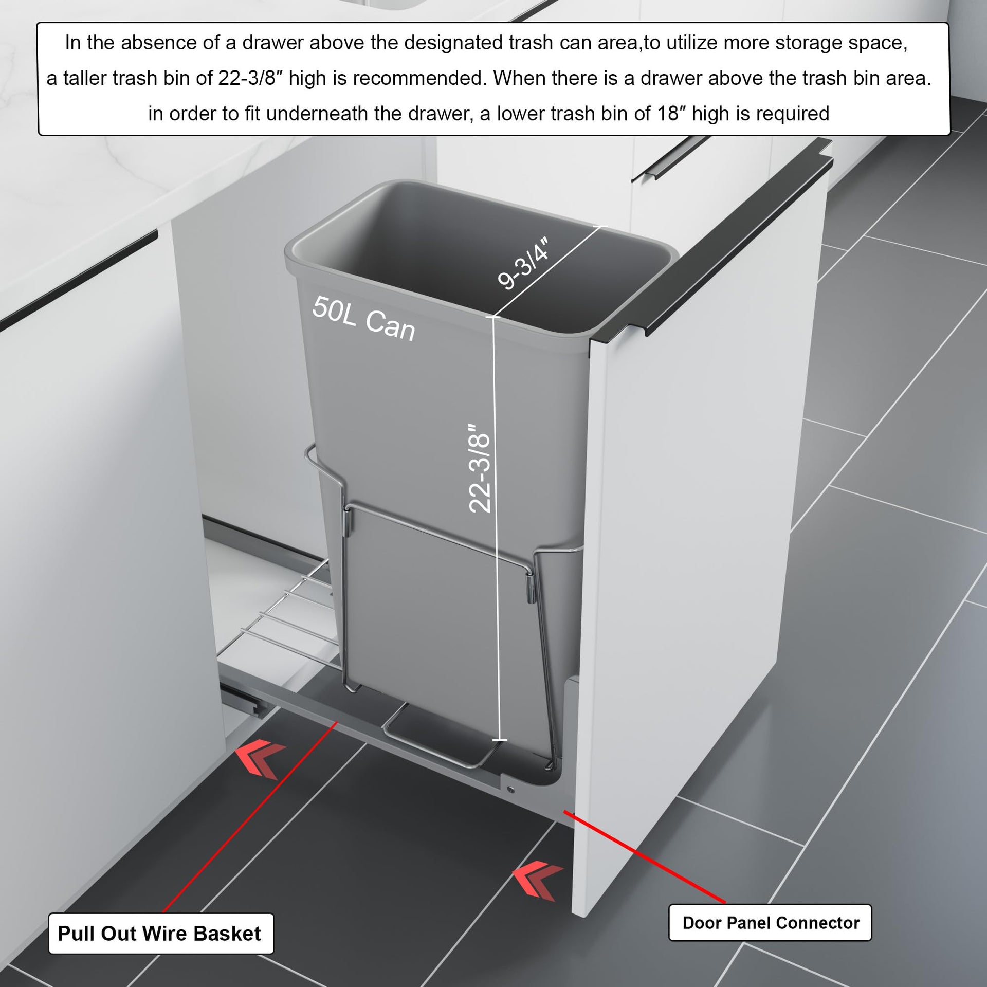 Dowell B15 Aluminum Base Wastebasket Pullout with Door Mount and 50Qt