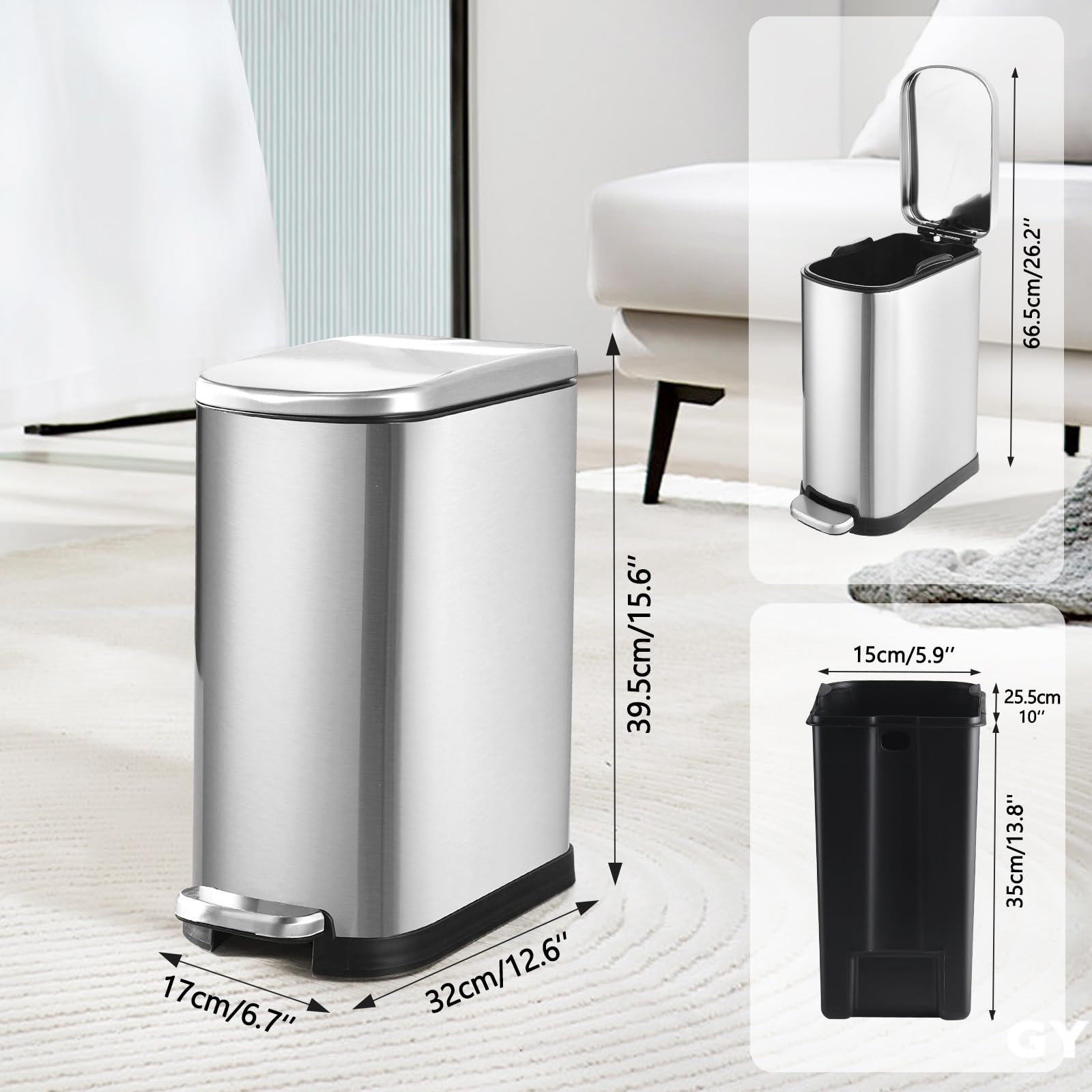 Bathroom Trash Can with Soft Close Lid 3.5 Gallon Silver
