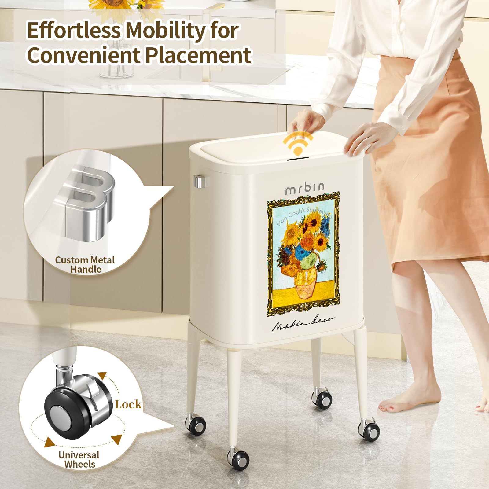 Metal Motion Sensor Kitchen Trash Can with Wheel Legs