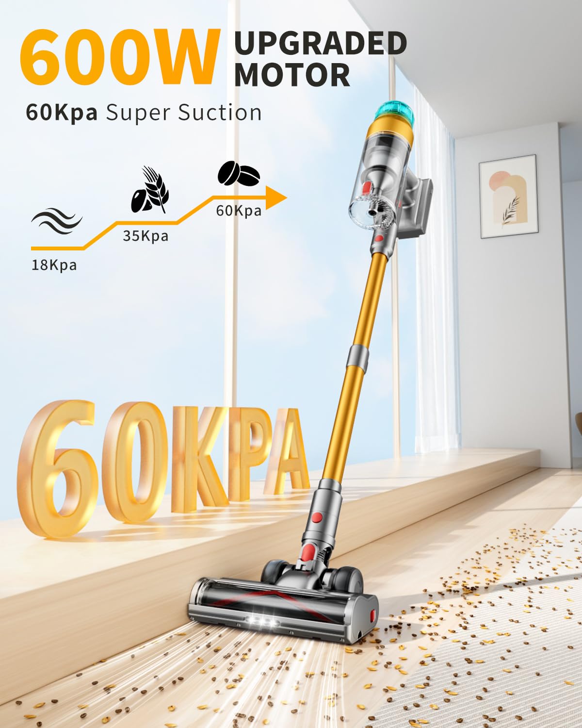 Cordless Vacuum Cleaner for Home 600W 60Kpa Upgraded Powerful Stick Vacuum Up to 75Mins