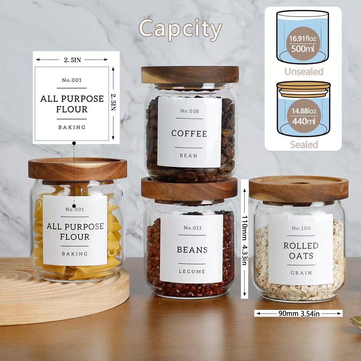 16 OZ Stackable Glass Food Storage Jars with 132 Pantry Labels Preprinted