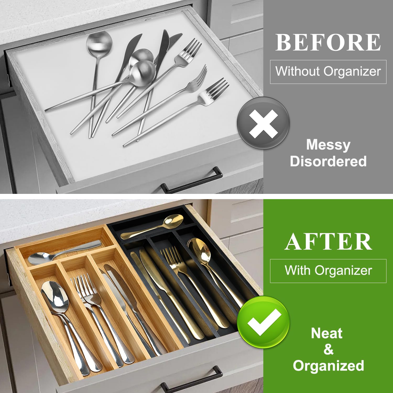 Small Black Wooden Silverware Tray Narrow Kitchen Drawer Utensil Organizer