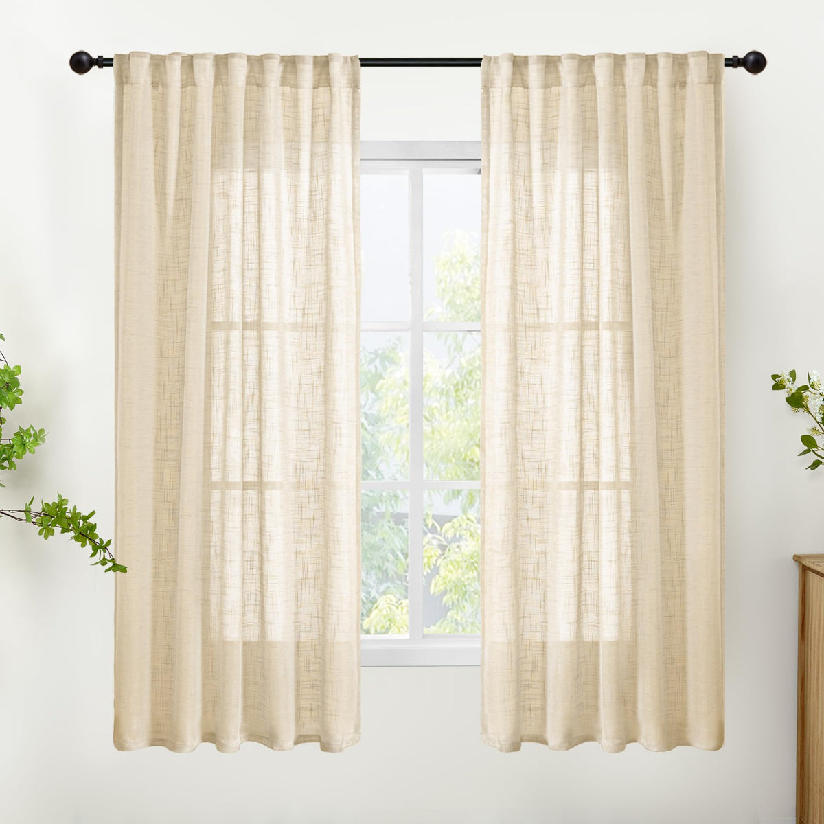 Natural Linen Semi Sheer Curtains 63 Inch Length (2 Count)