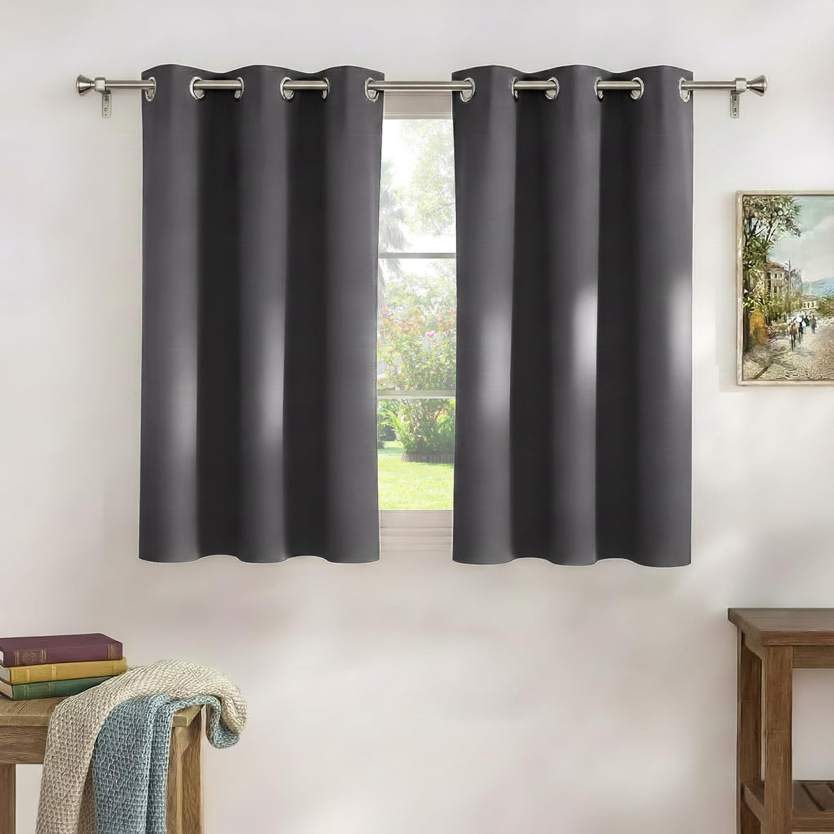 Short Gray Blackout Curtains for Kitchen Over Sink 36 inch Long