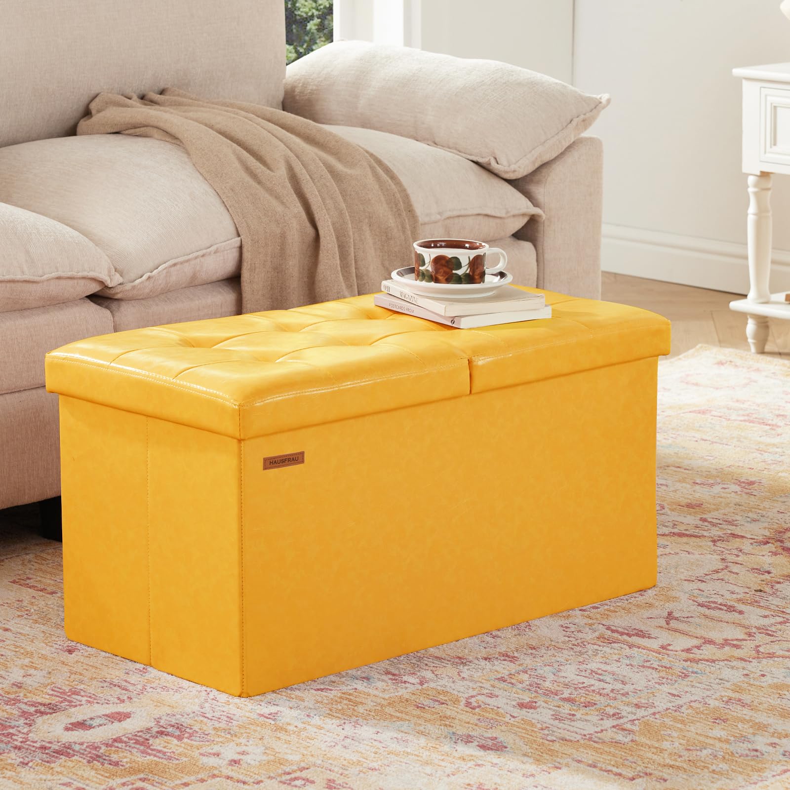 Ottoman with Storage Bench Folding Foot Rest Stool Yellow