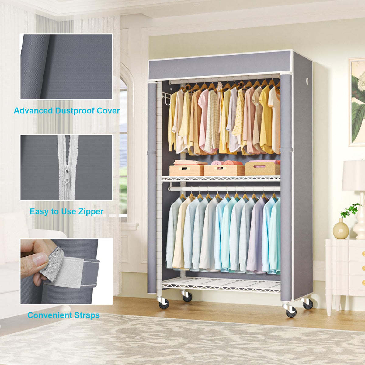 White Clothing Rack with Grey Cover