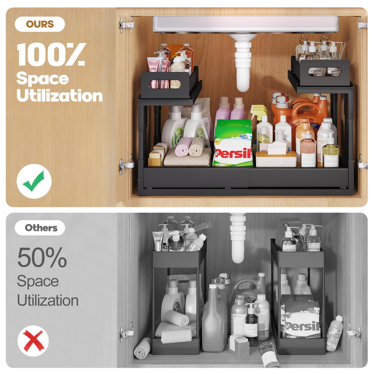 1 Pack Expandable Under Sink Organizers And Storage With Upgrade Ball (2 Compartments)