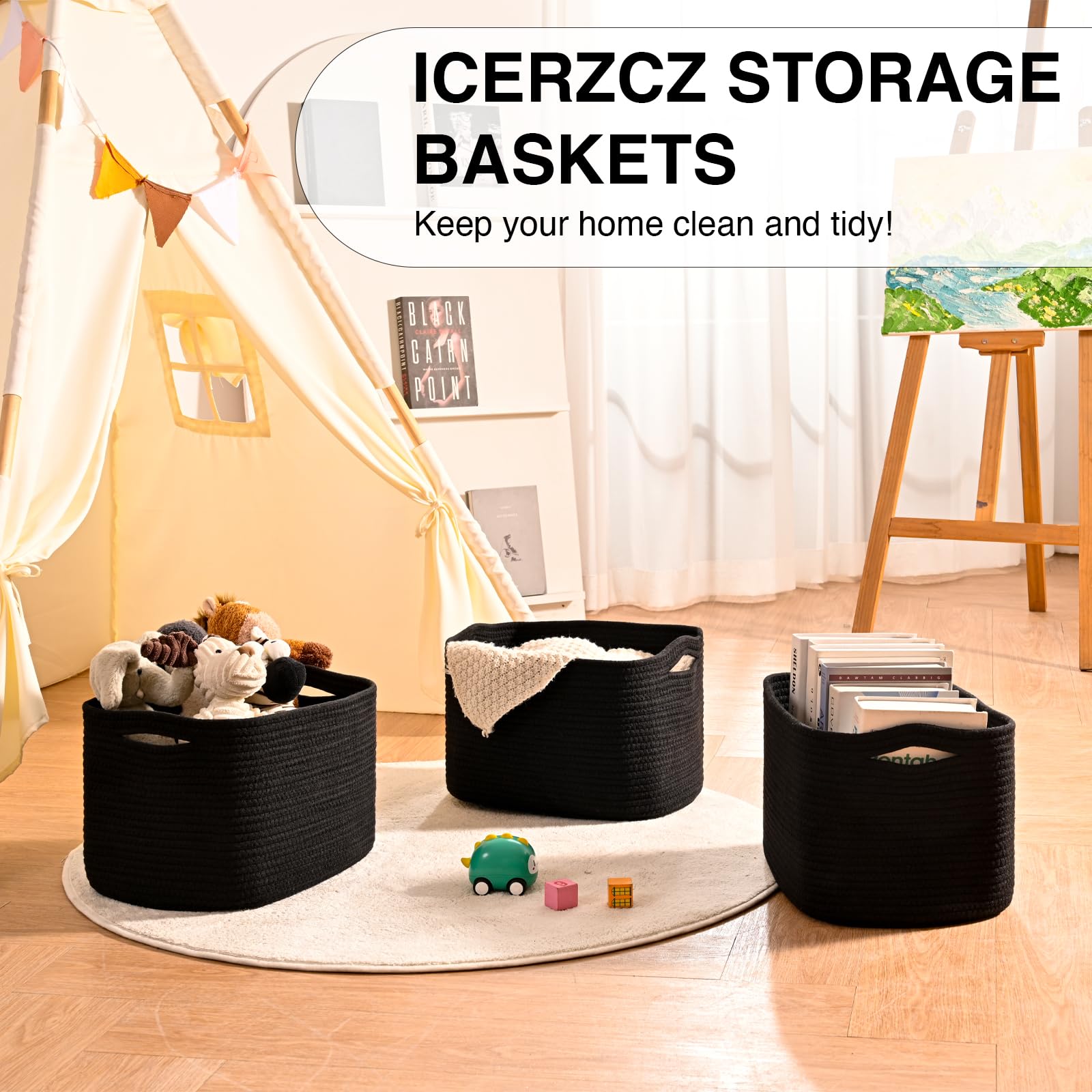 Black Storage Baskets for Organizing Shelves (3 Count)