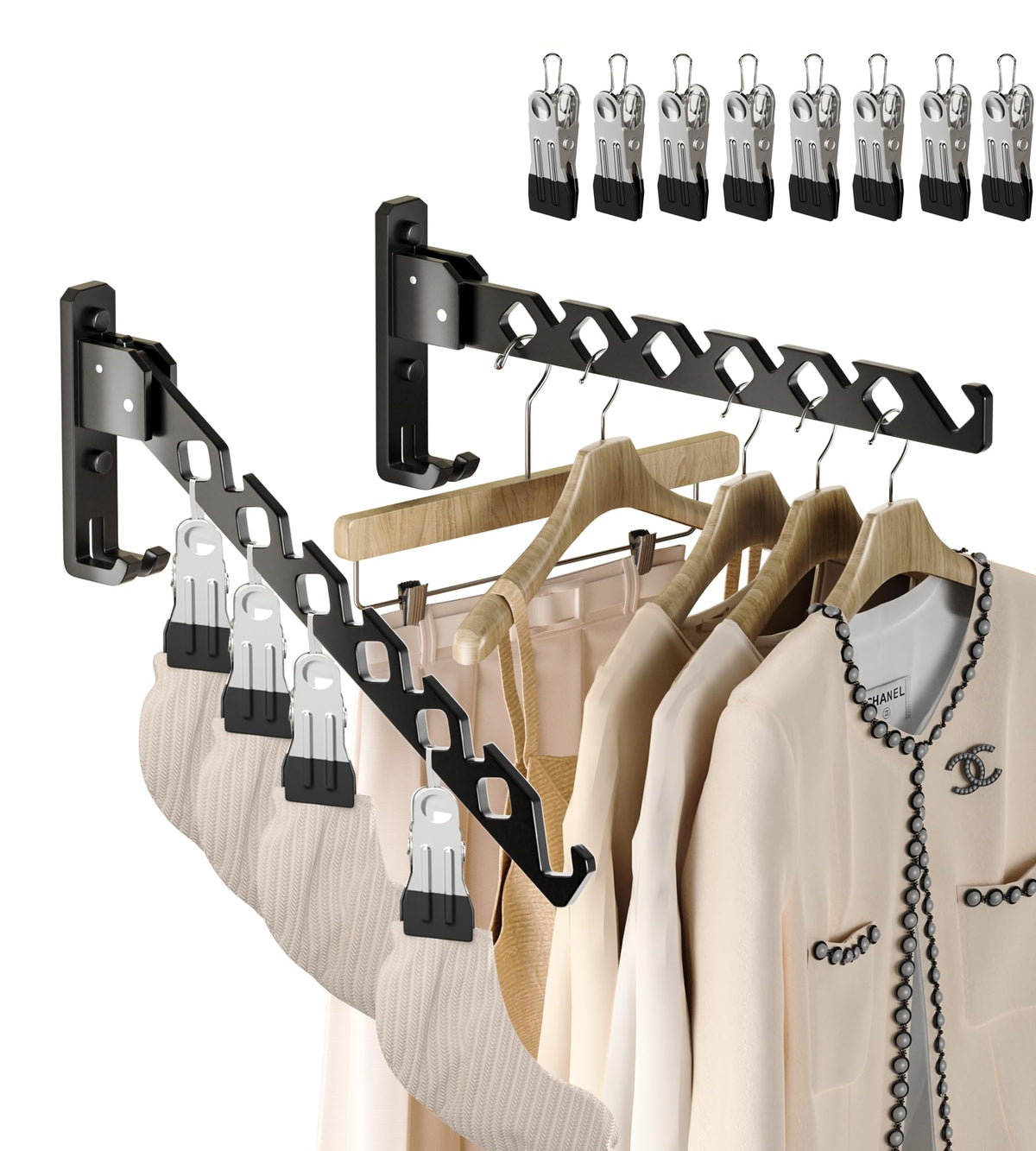 Wall Mount Coat Hanger Holder Black Clothes Drying Organizer Rack Garment Hooks Aluminium Retractable Folding Indoor Wall Mounted Hanger Space Saver for Laundry Room Bedroom Black 2 Pack with 8 Hooks (2 Count)