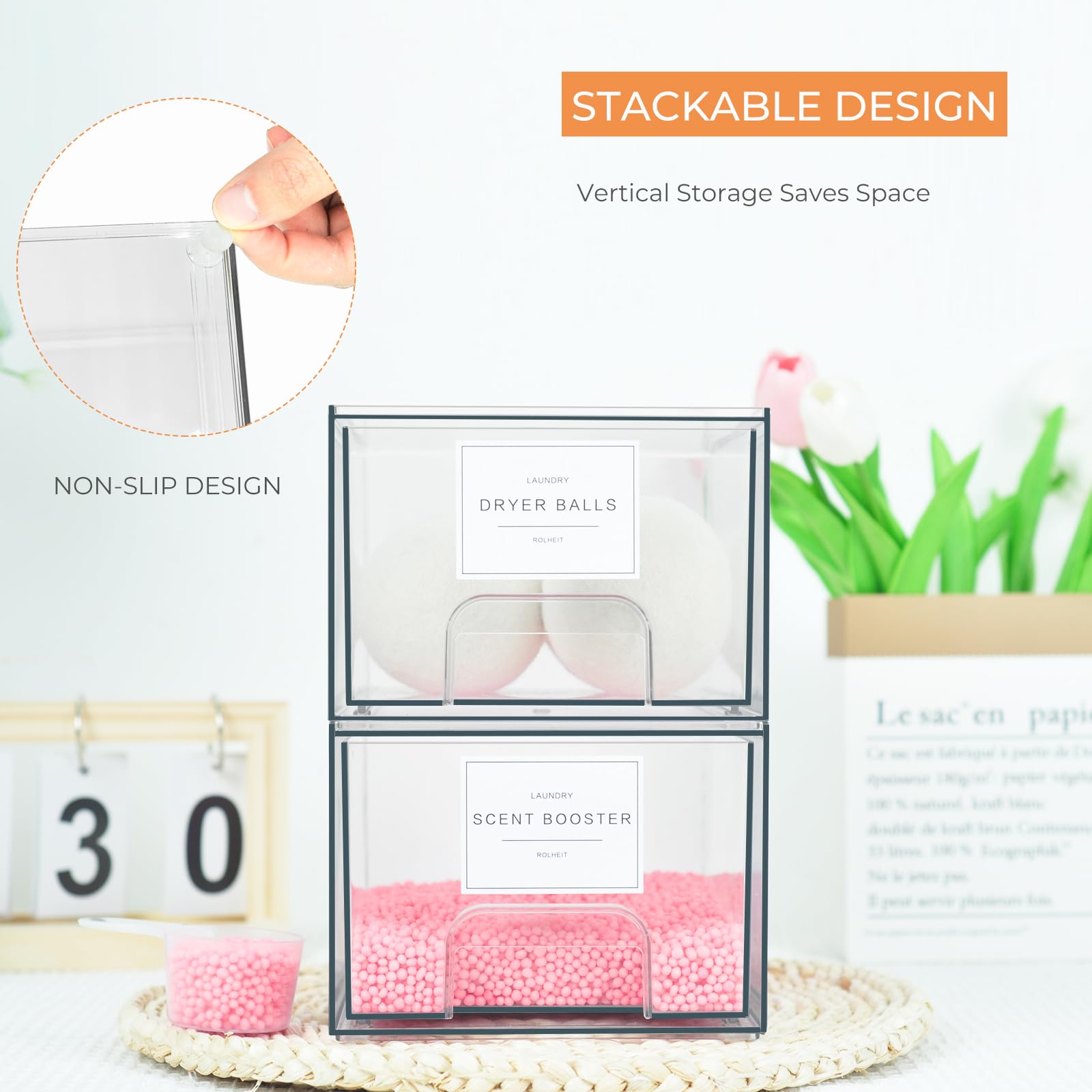 4 Pack Laundry Room Organization Storage Drawers with Labels (4 Count)