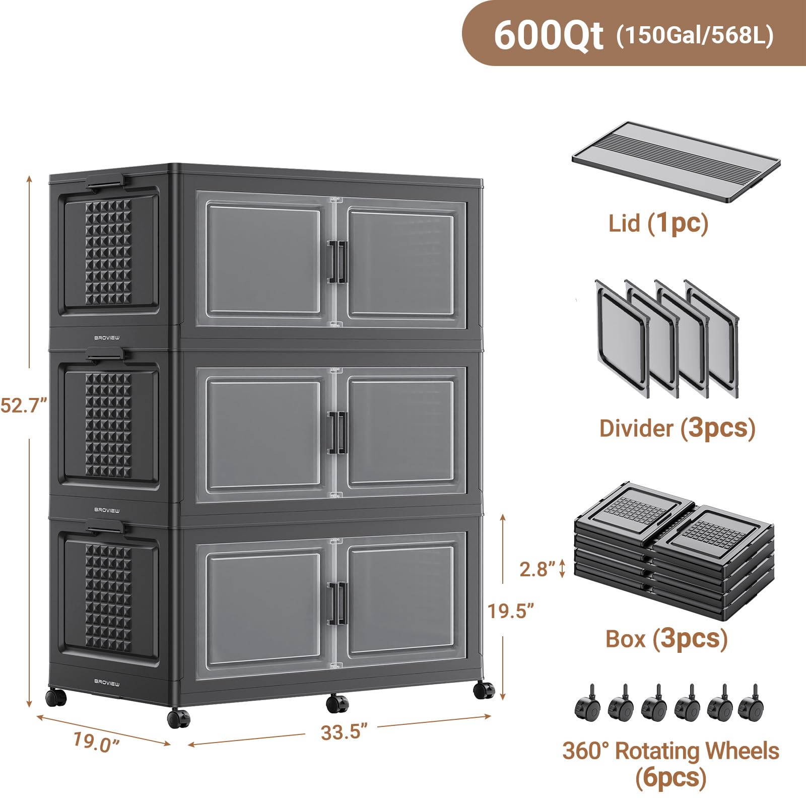 150Gal XL Stackable Storage Bins Foldable Box Cabinet for Home 3Pack Black (3 Count)