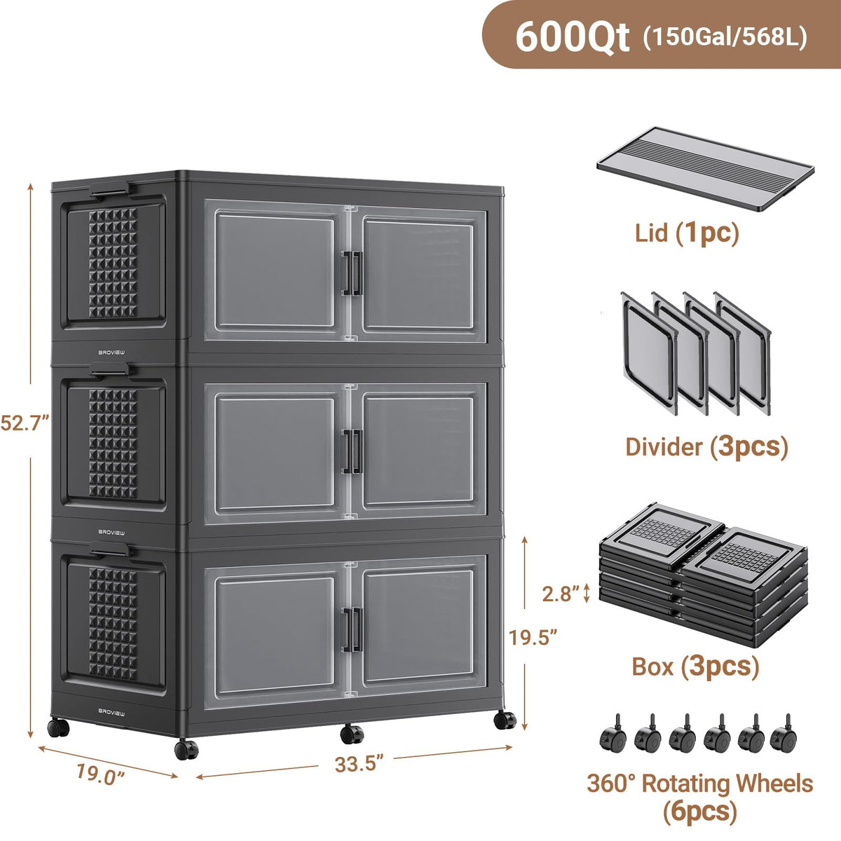 150Gal XL Stackable Storage Bins Foldable Box Cabinet for Home 3Pack Black (3 Count)