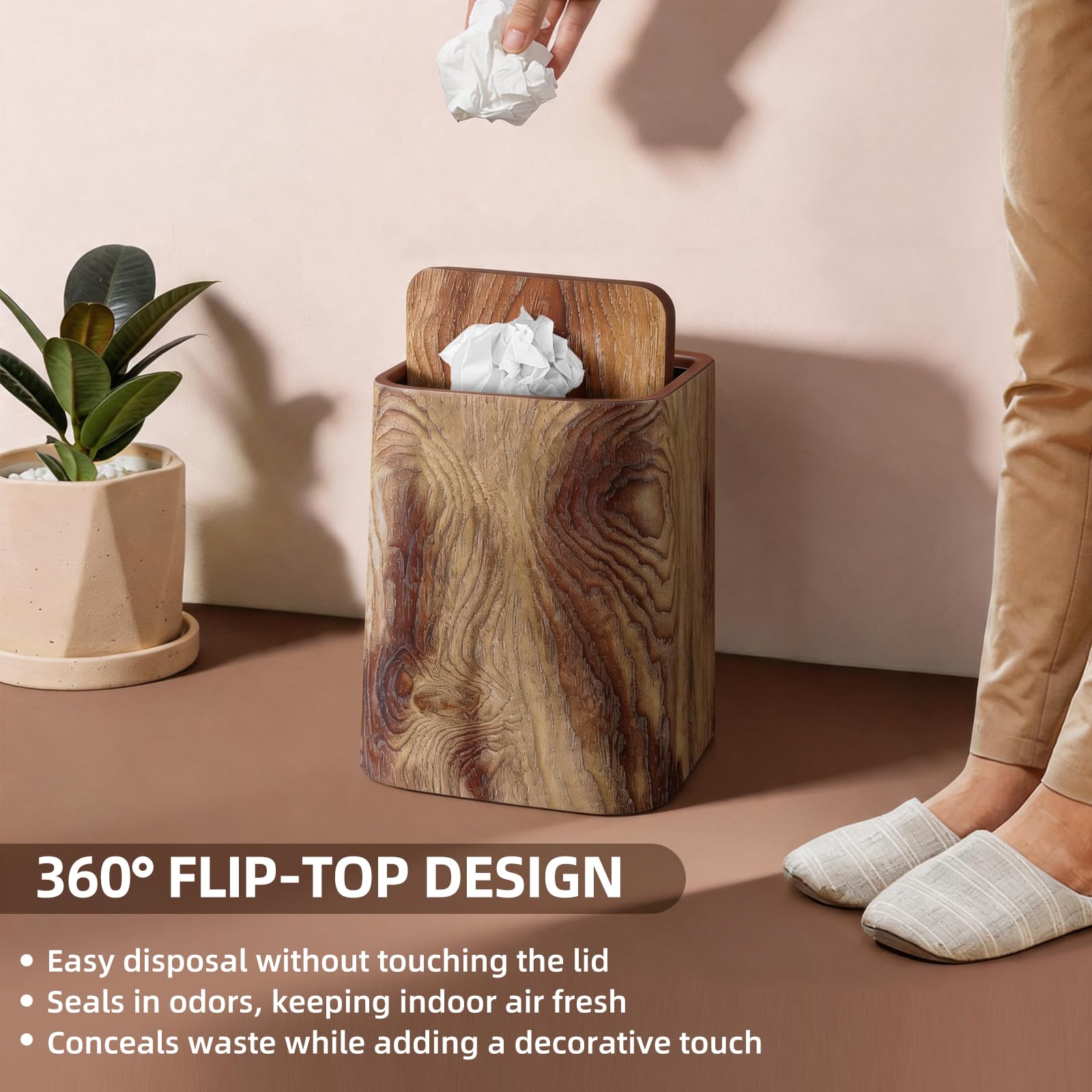 Wood Grain Plastic Trash Can Swing Top Lid (2 Count)