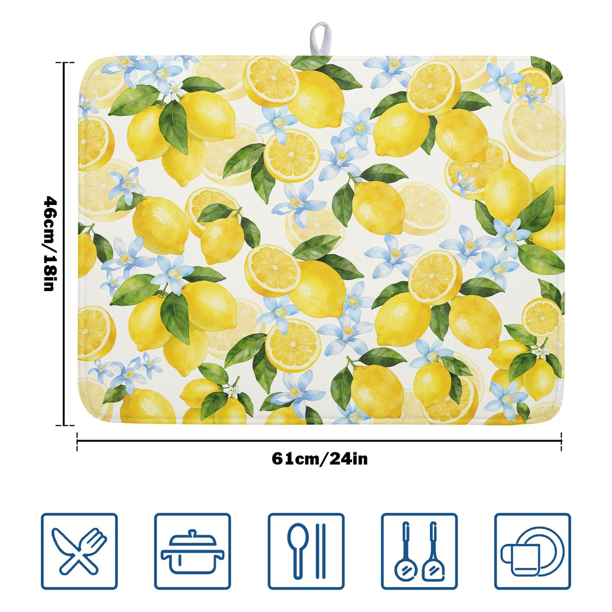 Lemon Dish Drying Mat 18x24 Inch Absorbent Reversible Summer Drying Mat Floral Lemon Fruits Dish Drying Rack Mat Yellow Summer Themed Dish Drainer Mat for Kitchen Counter Coffee Bar